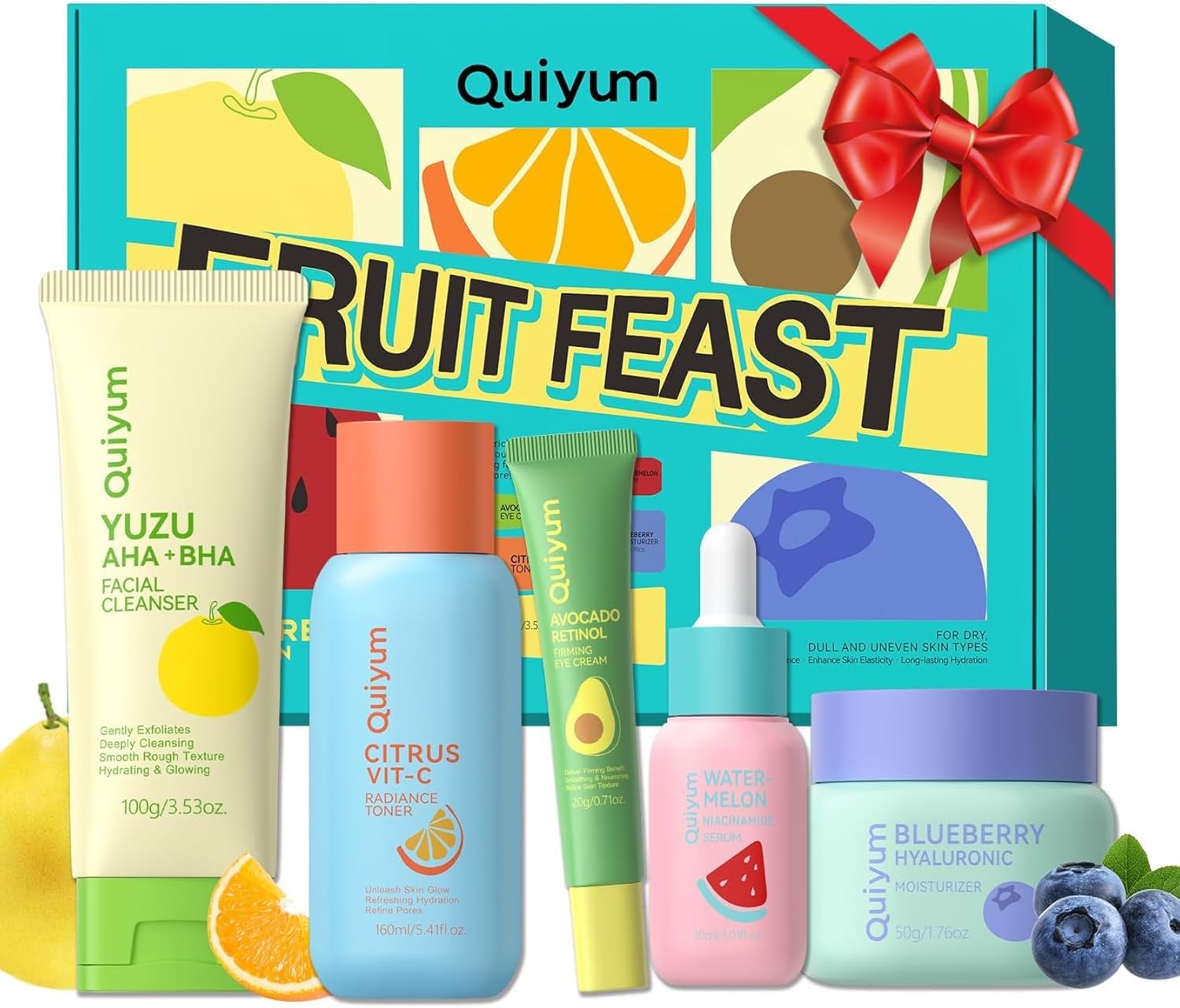 Quiyum Fruit Skincare Set, Face Care Kit for All Skin with Cleanser, Toner, Serum, Eye Cream & Moisturiser, Hydrating, Pore Refining & Radiance Boosting, Travel Pamper Gifts for Women Teenage Girls