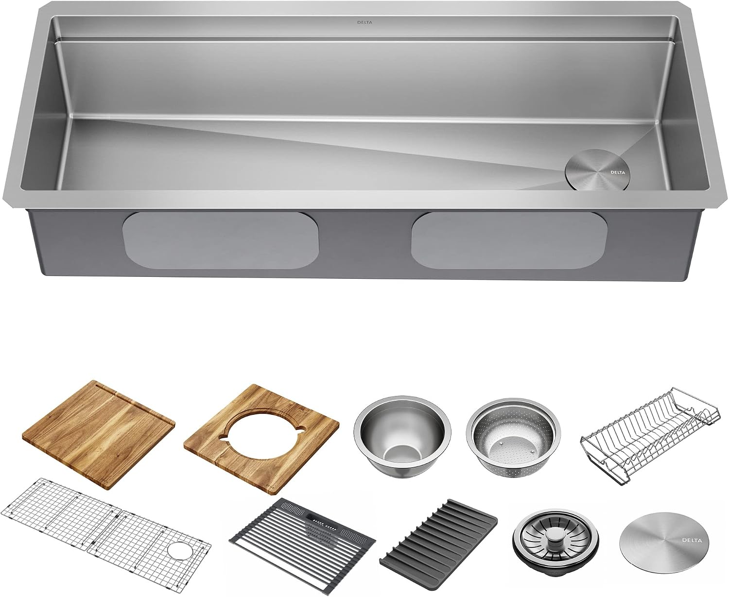 DELTA FAUCET Lorelai 45-inch Workstation Kitchen Sink Undermount 16 Gauge Stainless Steel Single Bowl with 2-Tier WorkFlow Ledge and Chef’s Kit of 11 Accessories, 95BA132-45S-SS
