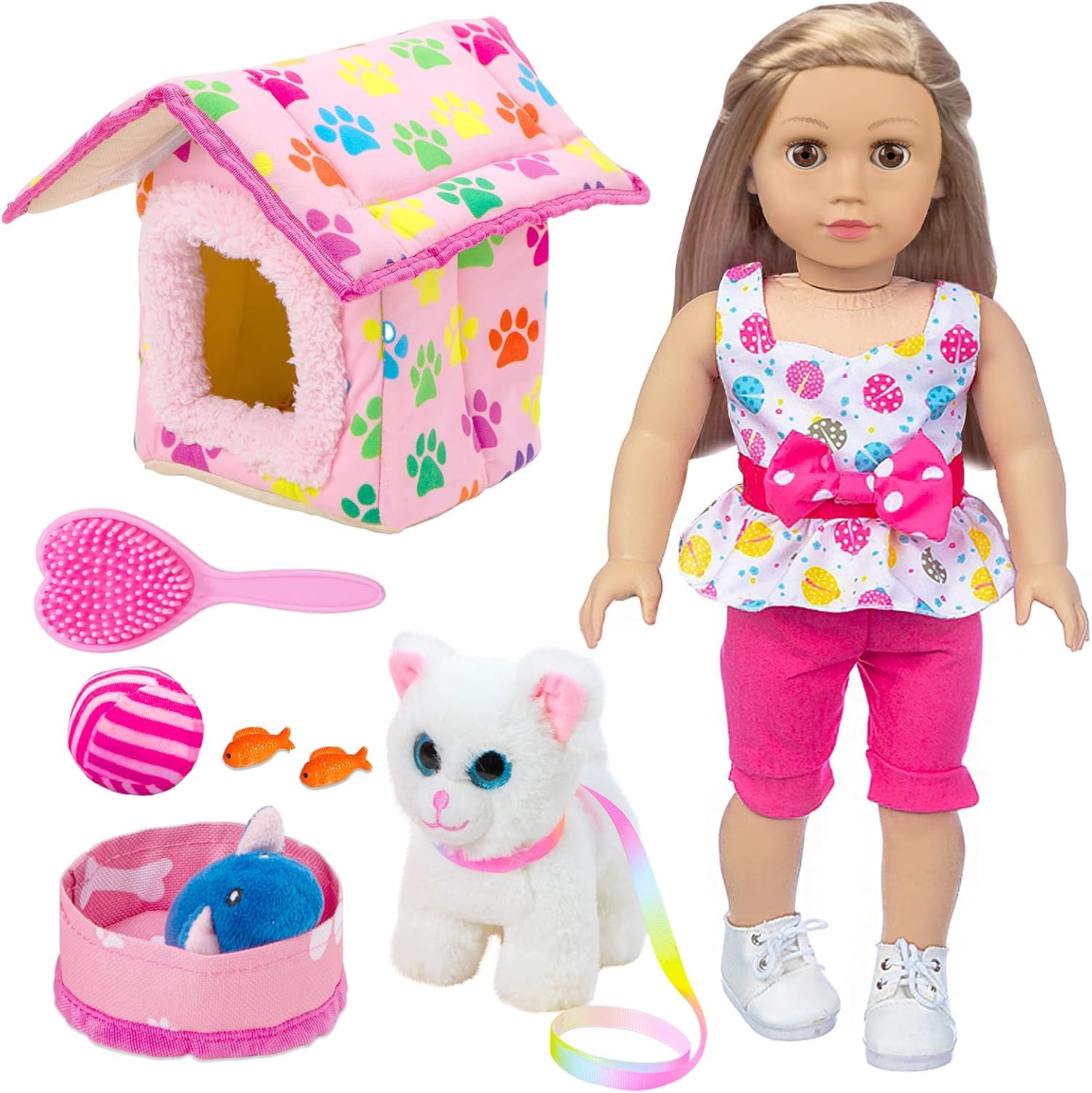 ZNTWEI American Doll Clothes and Accessories - Pet Kitty Play Set fit 18 Inch American Doll Including Pet Nest, Cat Pot, 18 Inch Clothes, Toy Ball, Hair Comb, Toy Fish