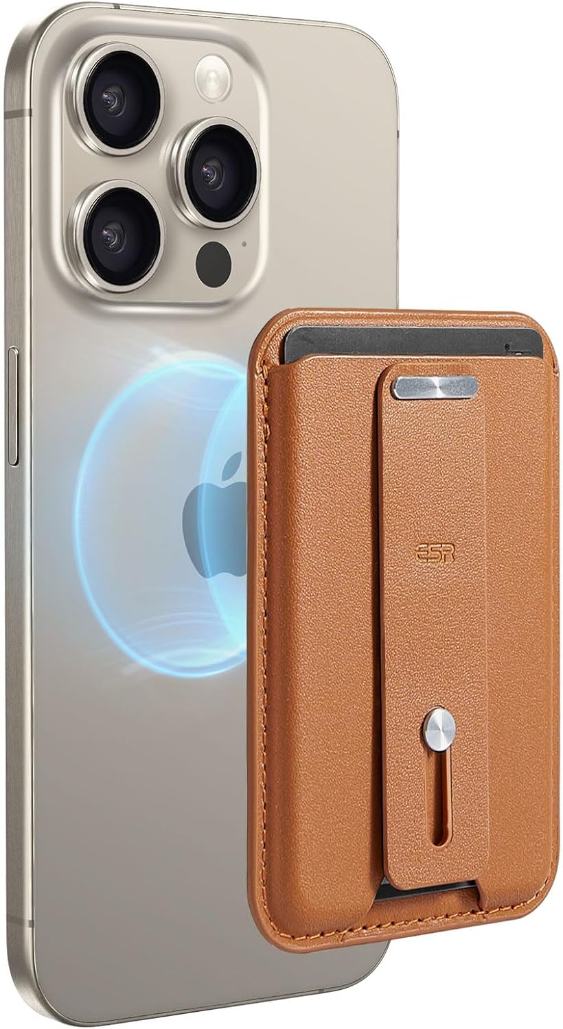 ESR for MagSafe Wallet, 3-Card Holder, Magnetic Wallet for iPhone,Vegan Leather, Secure-Grip Finger Loop, for iPhone 16/15/14/13/12 Series, Not for 13/12 Mini, Brown