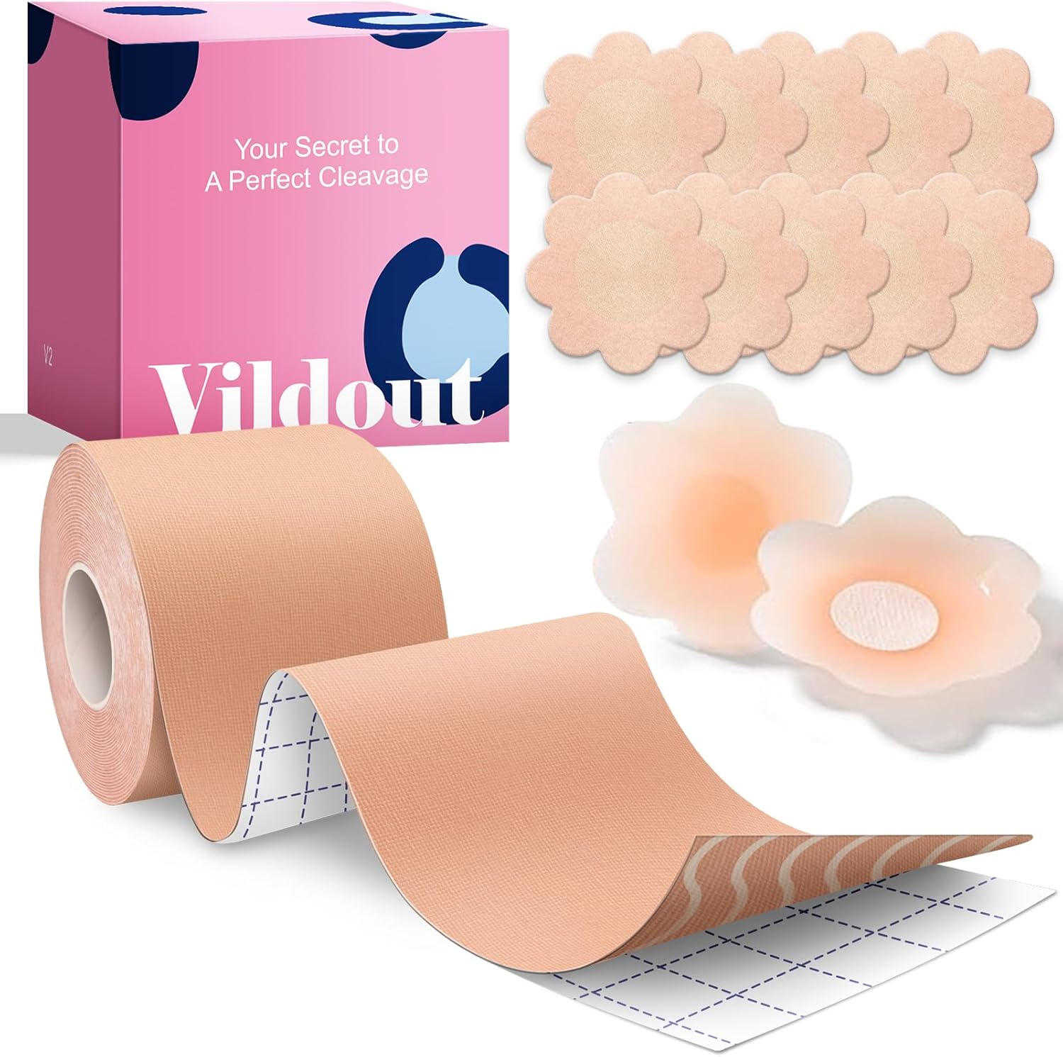 Boob Tape Kit -Boobtape for Breast Lift with Petals and Covers, Breathable Sticky Adhesive Bra Tape
