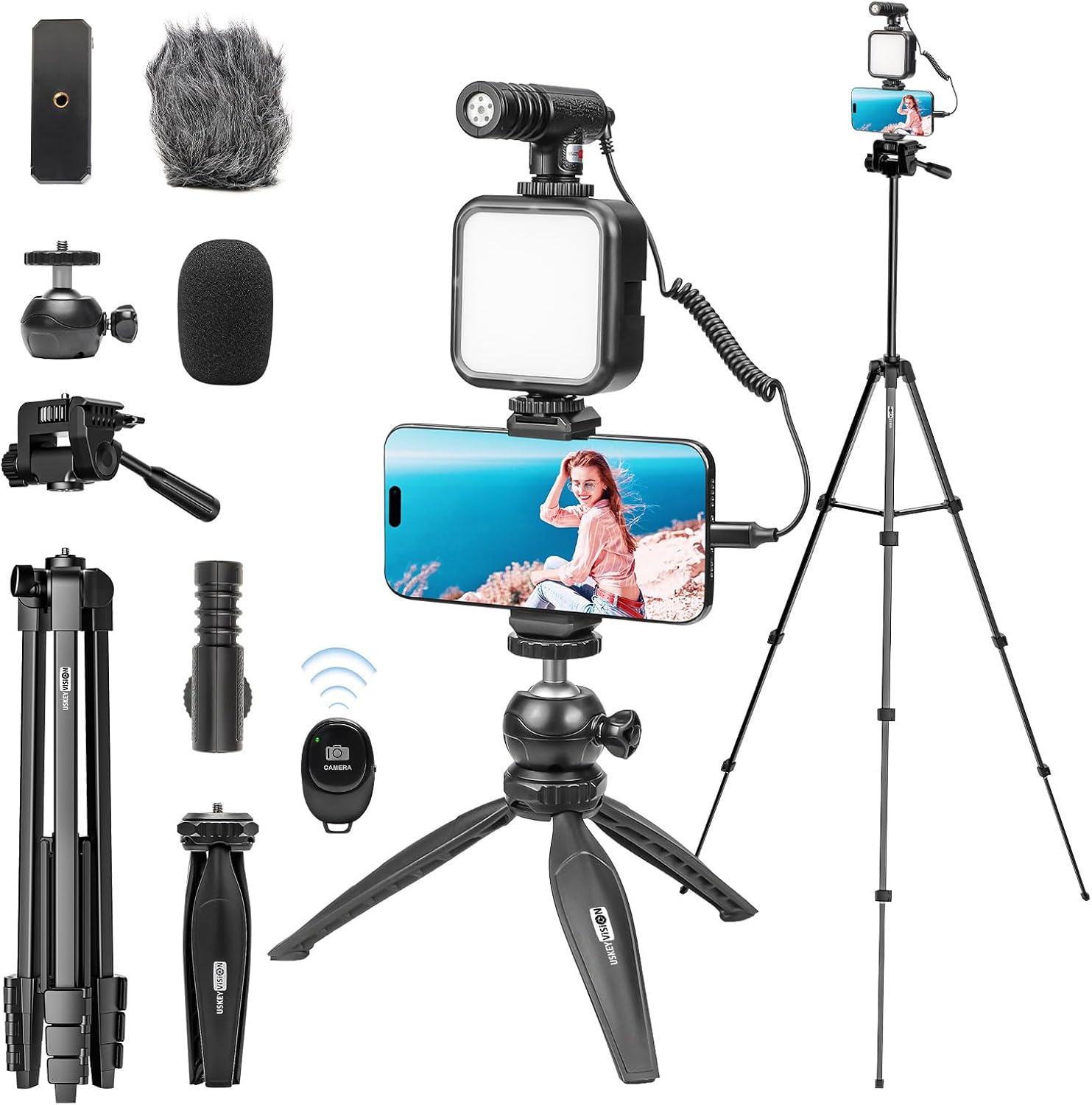 Vlogging Kit for iPhone Youtuber Starter Kit Content Creator Equipment for iPhone 16/15Pro Max with 59'' Extendable Fullsize Tripod, LED Light,Shotgun Mic Video Recording(Vlog K4)