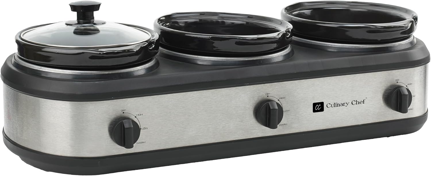 CULINARY CHEF, Triple Slow Cooker, Buffet Server 2.5qt x 3 Pot, Food Warmer – Stainless