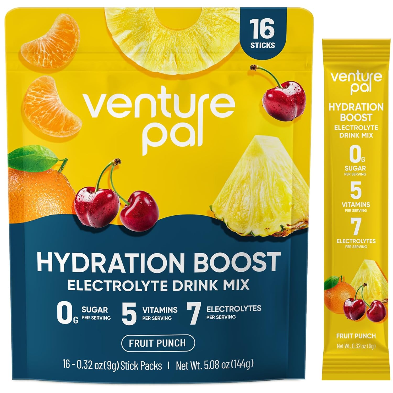 Venture Pal Sugar Free Electrolyte Powder Packets - Liquid Daily IV Hydration Packets for Rapid Rehydration | 7 Electrolytes & 5 Vitamins | Keto Friendly | Non-GMO | Vegan | Fast Dissolve | 16 Sticks
