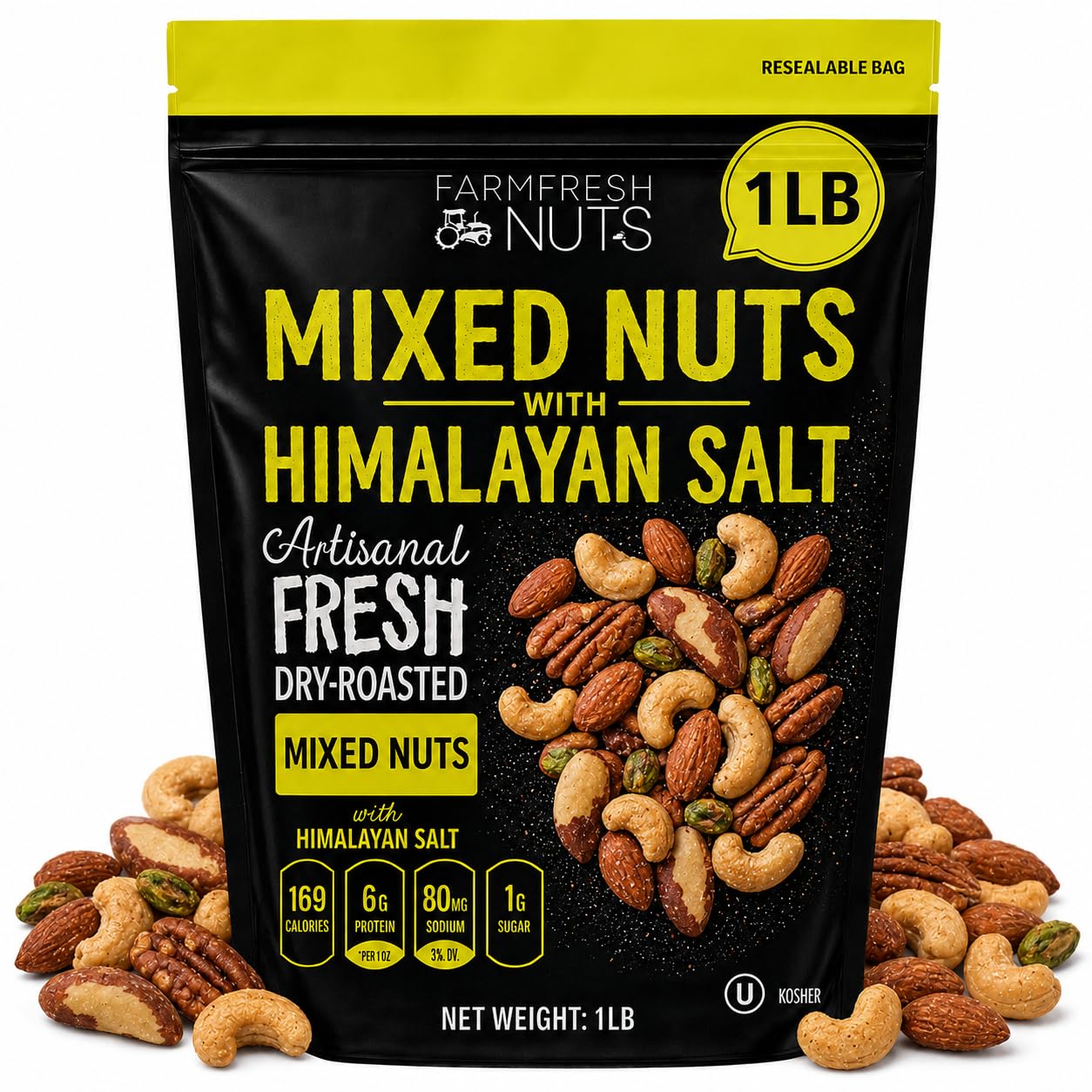 Dry Roasted Deluxe Mixed Nuts with Himalayan Salt (1 Lb.) - A Super Tasty Mix of Almonds, Brazil Nuts, Cashews, Pecans & Pistachios - Farm Fresh Nuts Brand