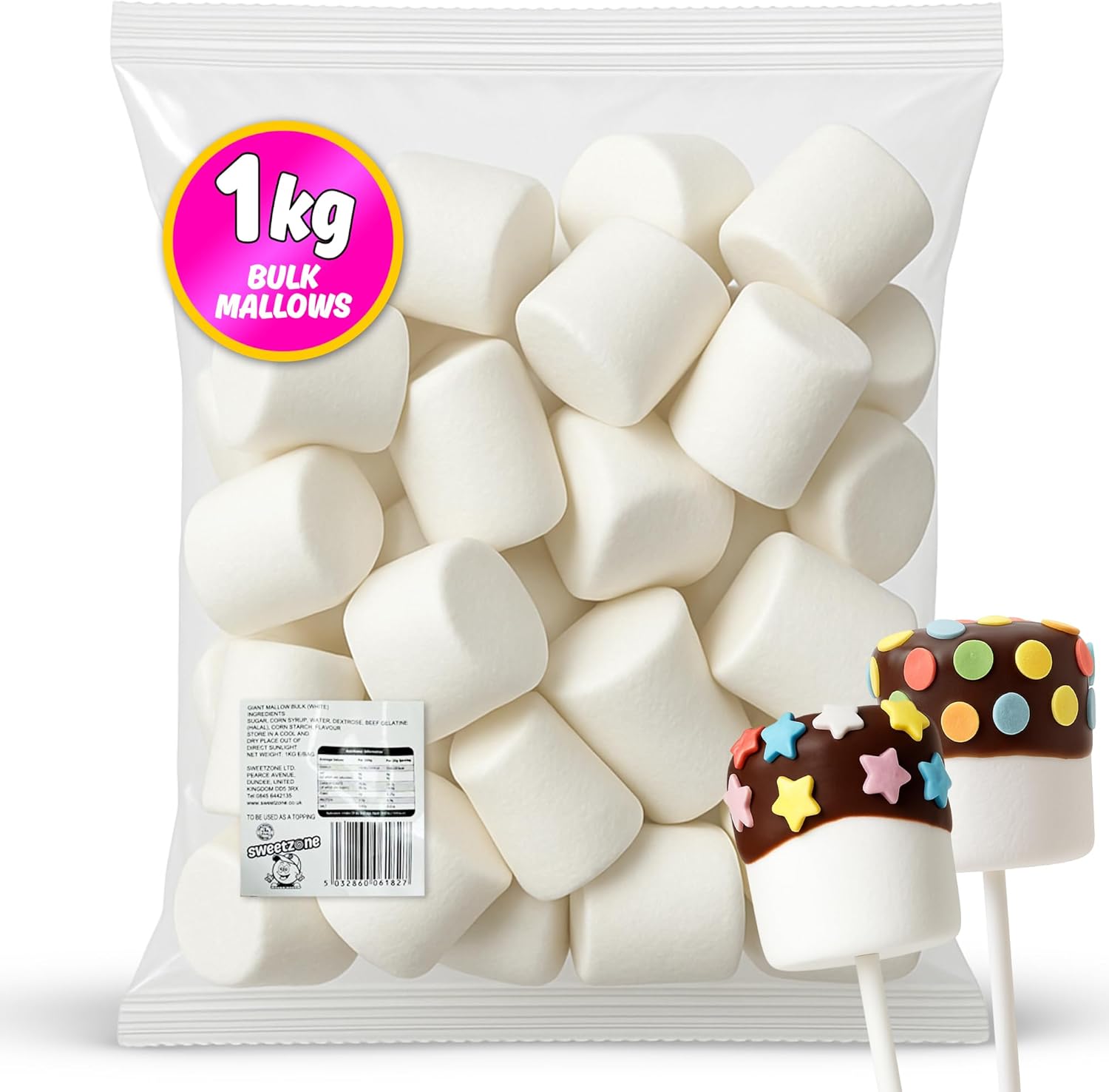 Sweetzone White Giant Marshmallows for Toasting or Snacking, Sweets Bulk, Retro, Candy for Sweet Bags, Halal Marshmallows for Hot Chocolate, 1kg Bulk Sweets Bag, Fun for Families, and Parties