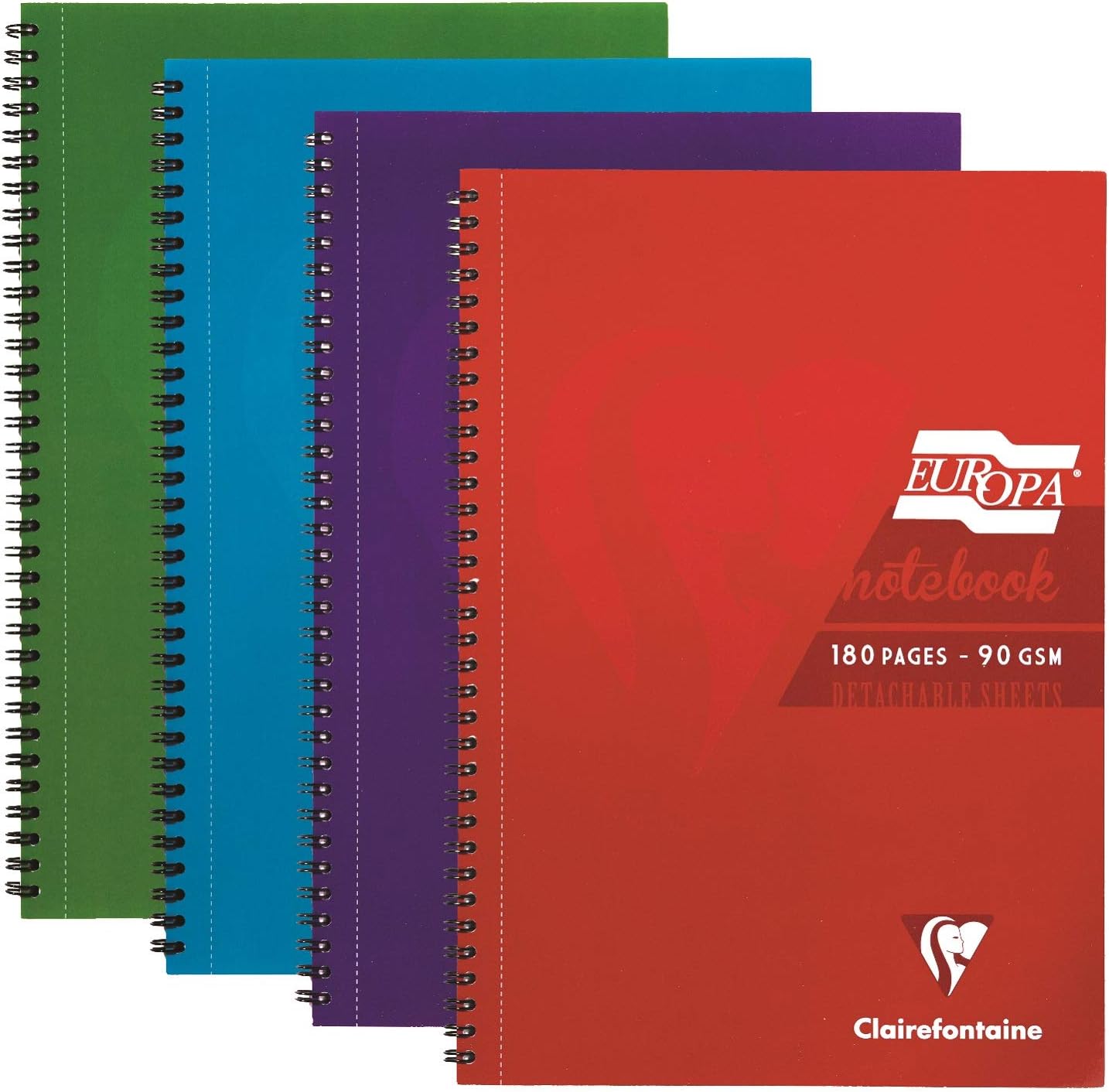 Clairefontaine Europa - Ref 5804Z Wirebound Notebooks, Hardwearing Bright and Glossy Covers, 180 Lined Sheets, A4 size and Micro-Perforated Pages, Pack of 4 Assorted Colours