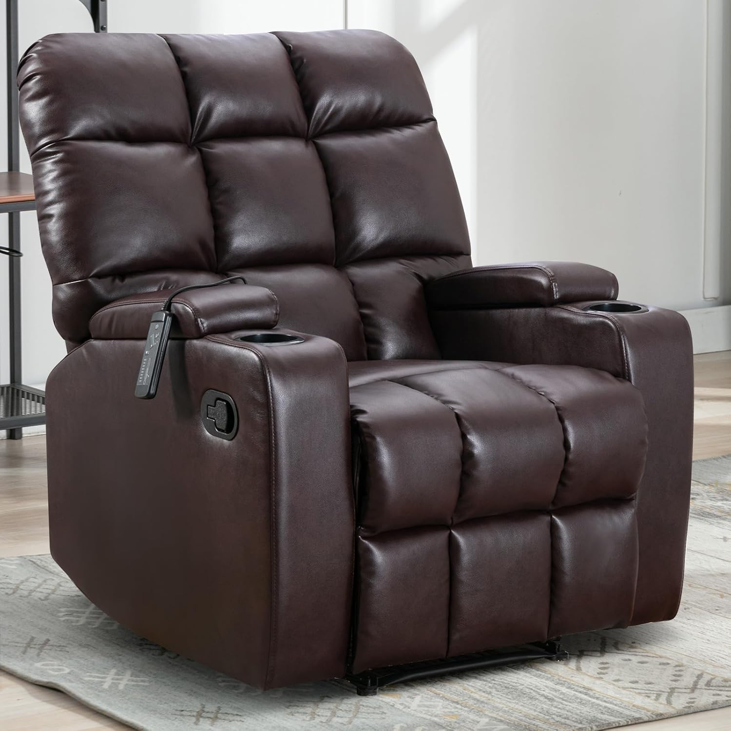 Phoenix Home Manual Recliner Chair, Breathable Faux Leather Reclining Chairs with Overstuffed Arm and Back, Living Room Single Sofa Recliners with Massage, Dark Brown
