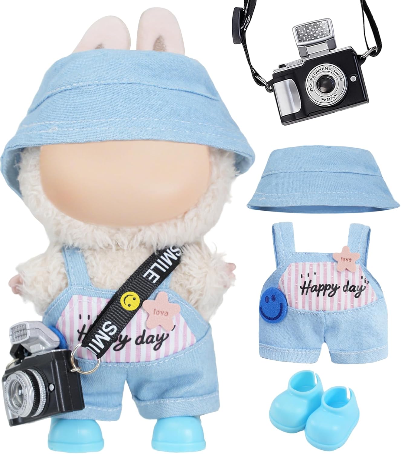 17 cm Cute Doll Clothes for Labubu Design Outfit Blind Mystery Box Mart Accessories Mini La Boo-Boo Labooboo Blah Bu Bu BuLafufu Labibu Labubi Ropa Plush Toy Stuff Dress Overalls Hoodie Pajamas Blue