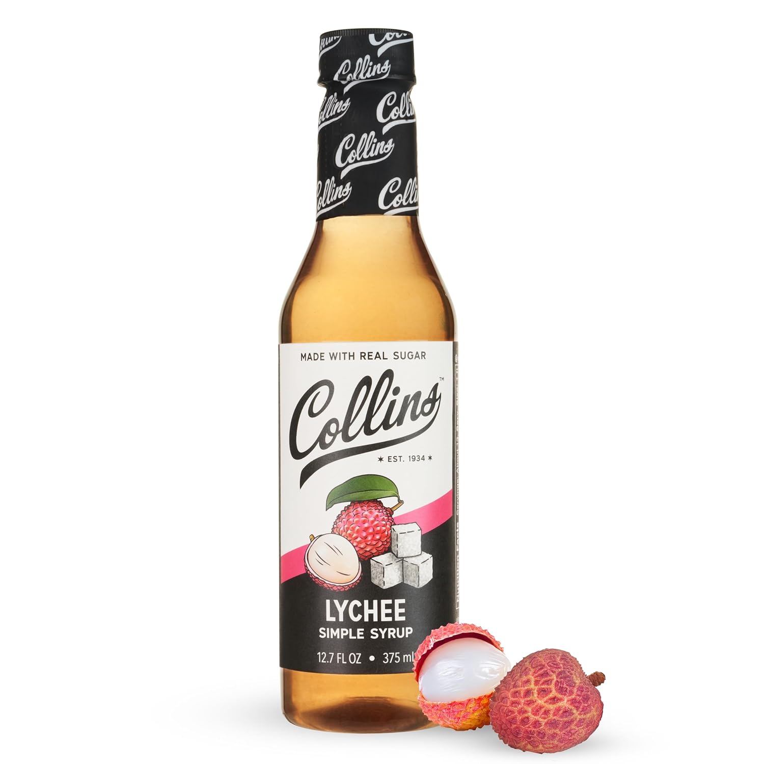 Collins Lychee Simple Syrup for Cocktails, Martinis, Mojitos, Sorbets, Teas, and Desserts, No Artificial Colors or Flavors, Home Bar Accessories, Party Essentials, 12.7 oz, Set of 1