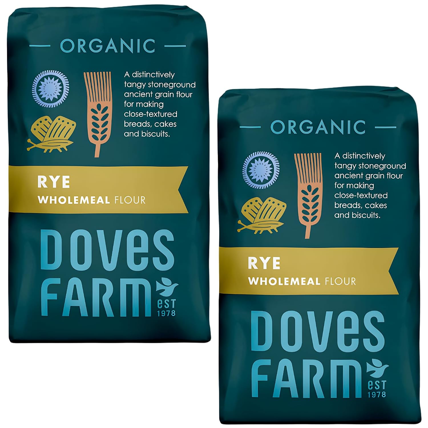Doves Farm Organic Stoneground Wholemeal Rye Flour 2.2 lb (Pack of 2) - High Fiber Ancient Whole Grain Dark Rye Flour for British Baking Breads, Cakes & Biscuits | Kosher & Vegan | Imported from UK