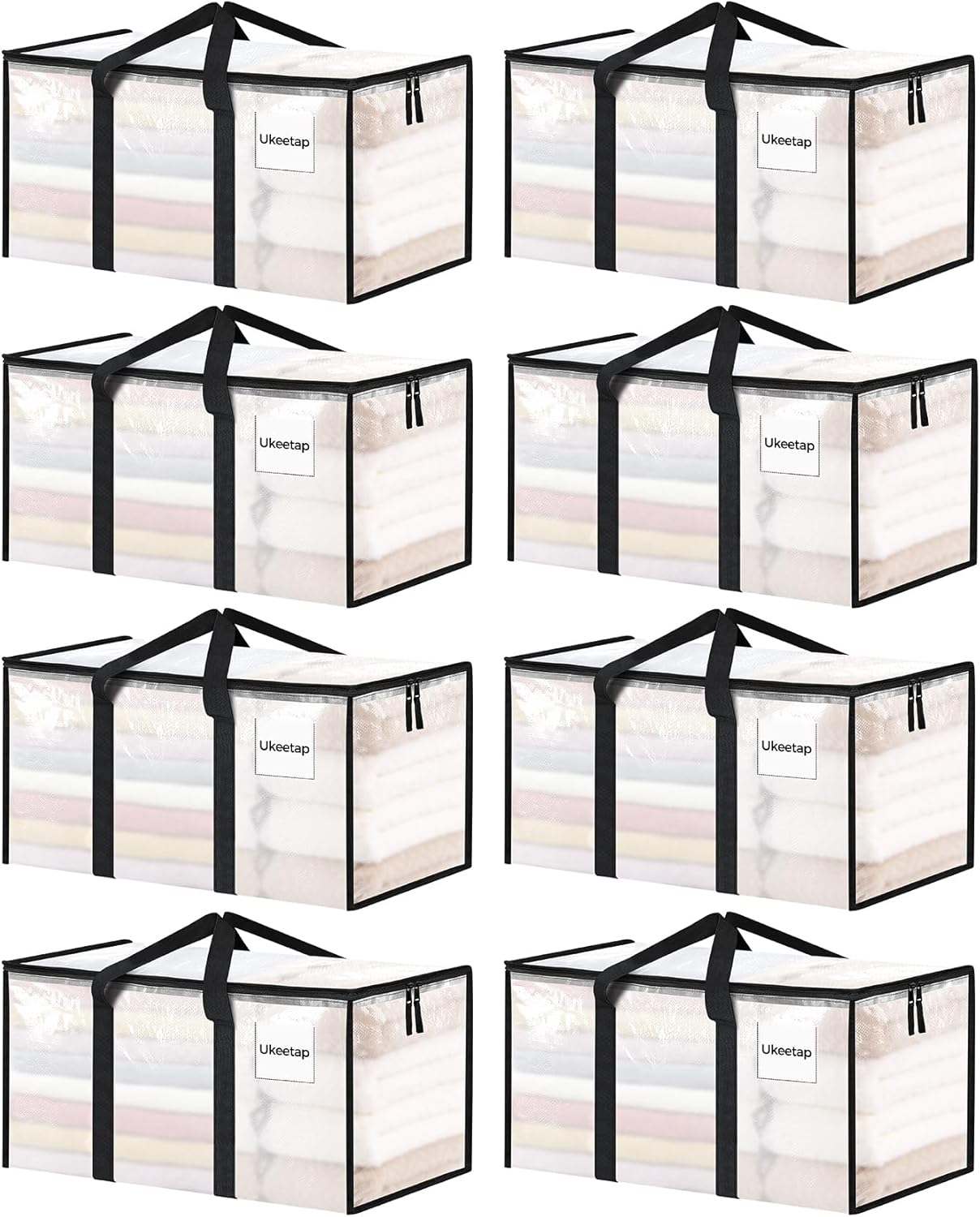 8 Pack Extra Large Clothes Storage Bins with Lids, Moving Bags, Clear