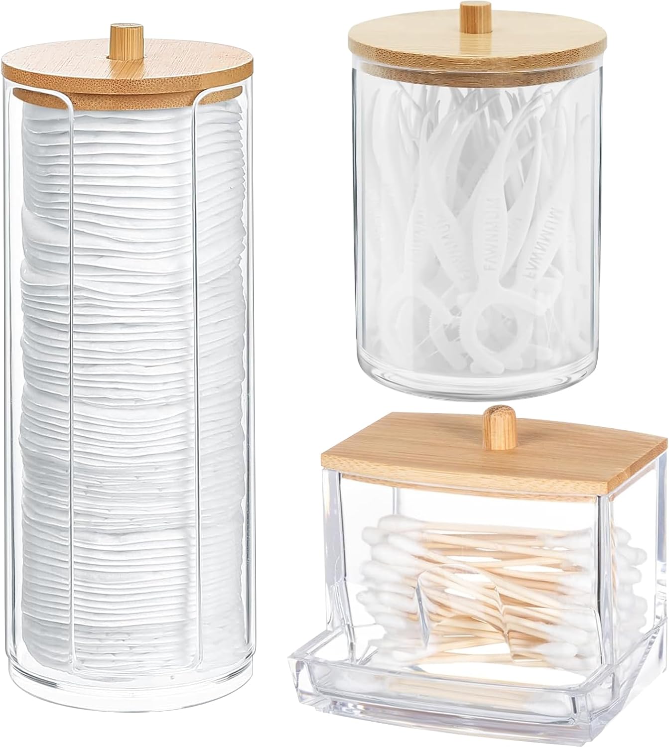 YTUGIL 3Pack Cotton Pad Holder,Cotton Swab Box/Cotton Pad Holder/Cotton Ball Holder,Bathroom Dispensing Jar,Cotton Pad Cosmetic Storage Box With Bamboo Lid