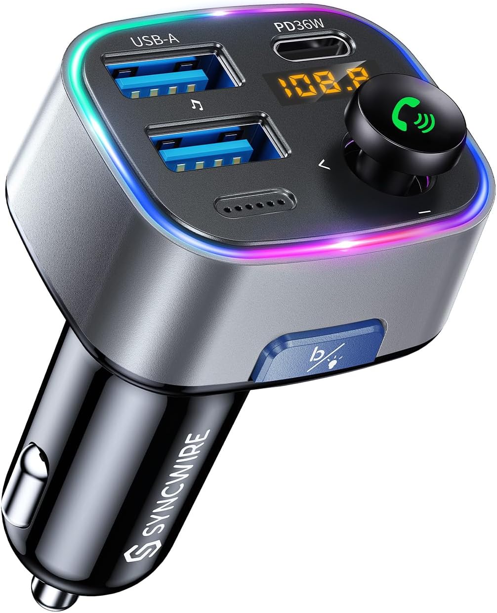 SYNCWIRE Bluetooth 5.3 FM Transmitter for Car, 48W Max Dual USB Bluetooth Car Adapter, Wireless Radio Receiver, Hands-Free Calling, Music Player Support 64G Drive with Light Switch Car Charger, Gray