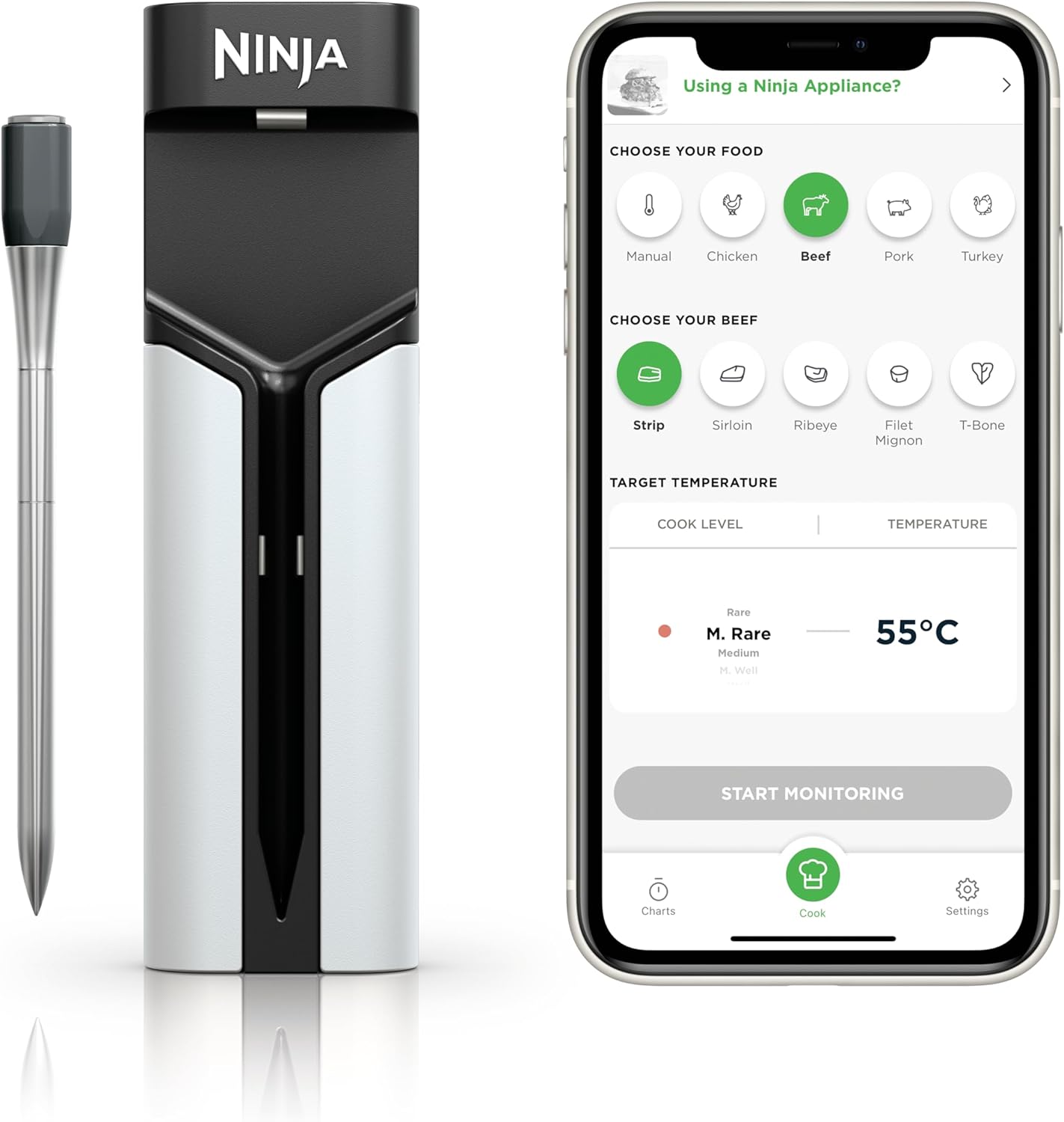 Ninja ProChef Wireless Digital Meat Thermometer Probe for Indoor & Outdoor Cooking with 50m Bluetooth Range & 30-Hour Battery Life, App Connected, Heat-Resistant, Waterproof WP100EU