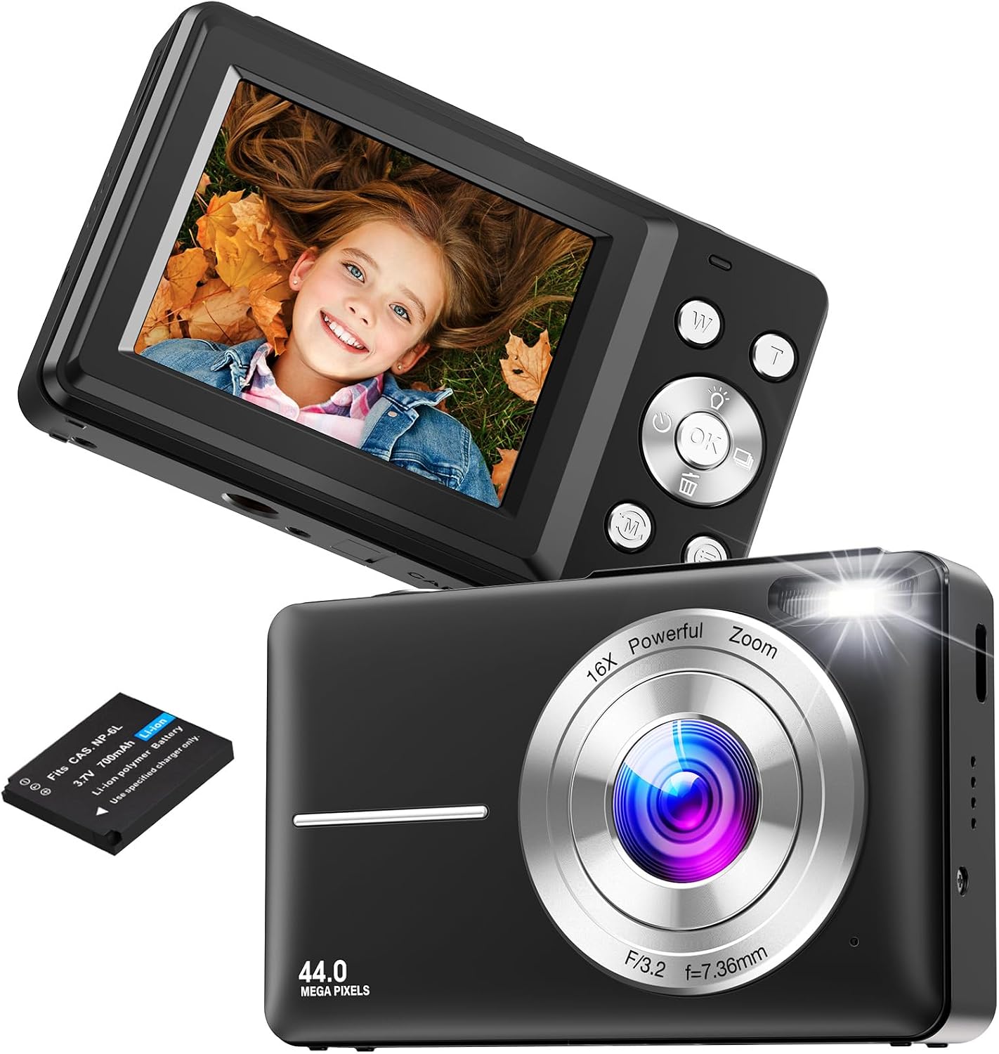 Digital Camera, FHD 1080P 44MP Compact Cameras with 16X Digital Zoom（Black）