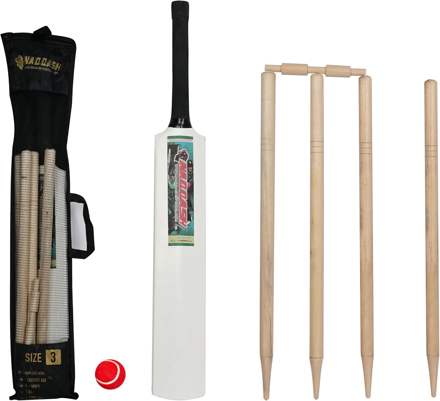 Junior Wooden Cricket Bat Set - Sizes 3, 4 Includes 4 Wooden Stumps, Red Tennis Ball, Poplar Willow Bat, and Carrying Bag – Ideal for Kids and Teenagers – Indoor & Outdoor Fun