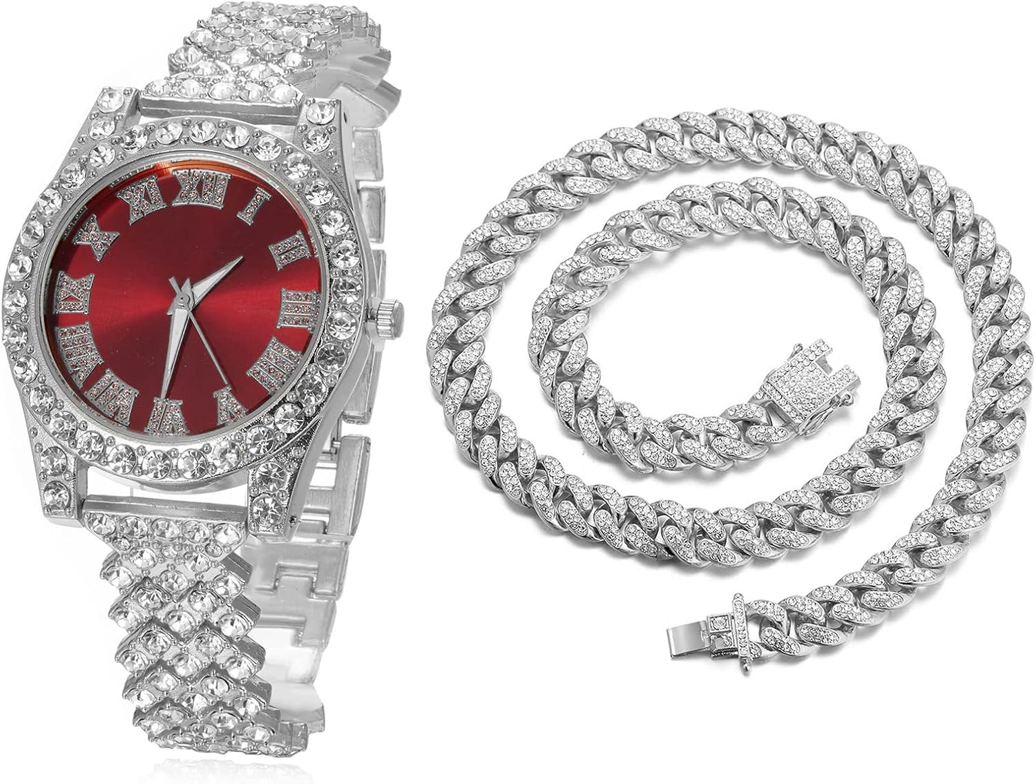 Halukakah Diamonds Gold Watch Iced Out, Kid's 18K Real Gold/Platinum White Gold Plated 36MM Width Green/Blue/Red Dial Quartz Wristband 8" with Cuban Link Chain 7"+16" Bracelet, Free Giftbox