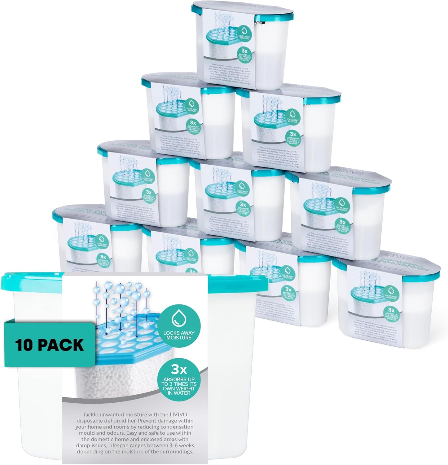 LIVIVO Pack of 10x 500ml Interior Dehumidifiers- Helps Stop Damp, Mildew, Mould Condensation Moisture Absorber Remover in Home Kitchen Wardrobe Bedroom Caravan Office Garage Bathroom, Basement