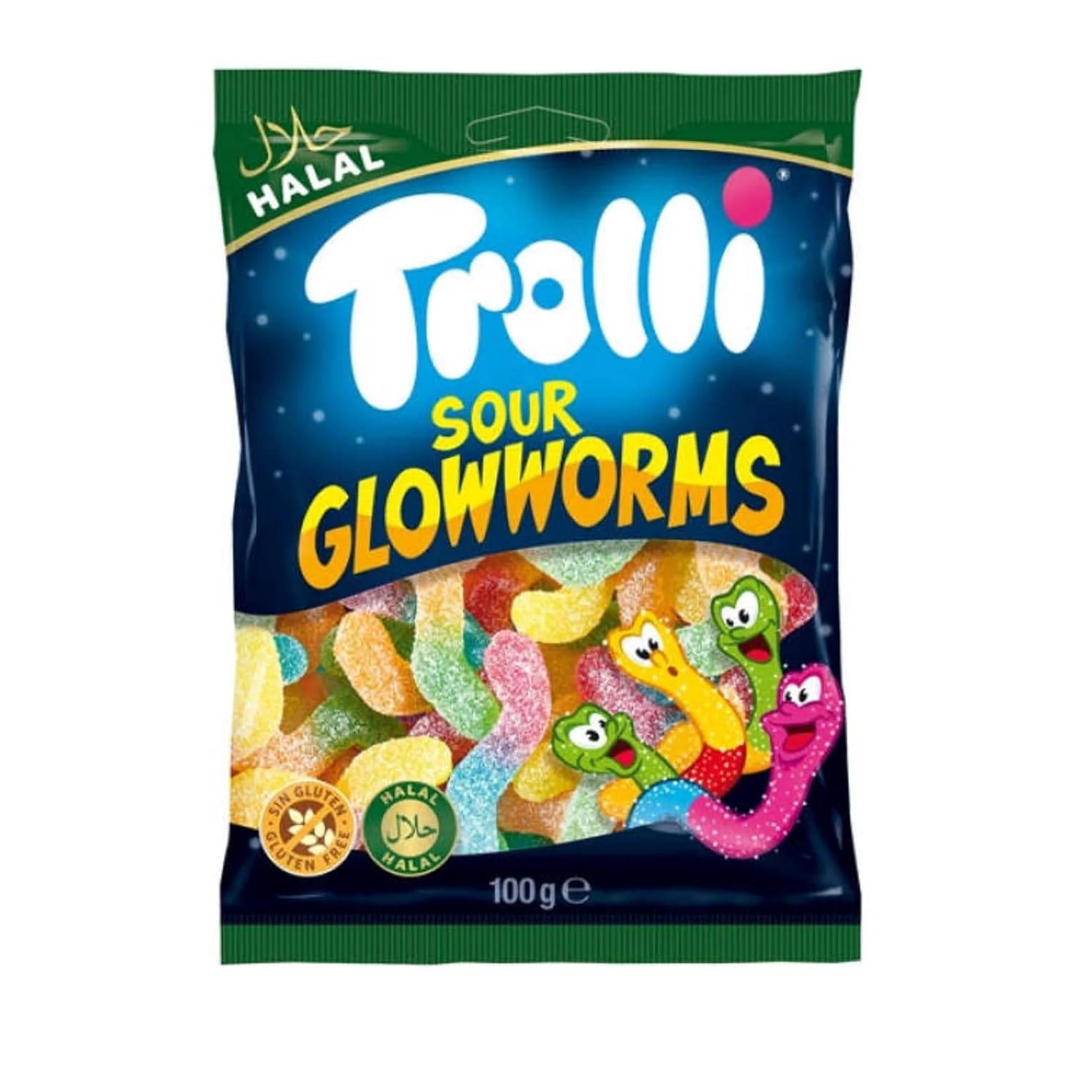 Trolli Sour Glowworms Halal I Fruit flavored Gummy Worms with Sour Coating I 100g 3.5 ounce