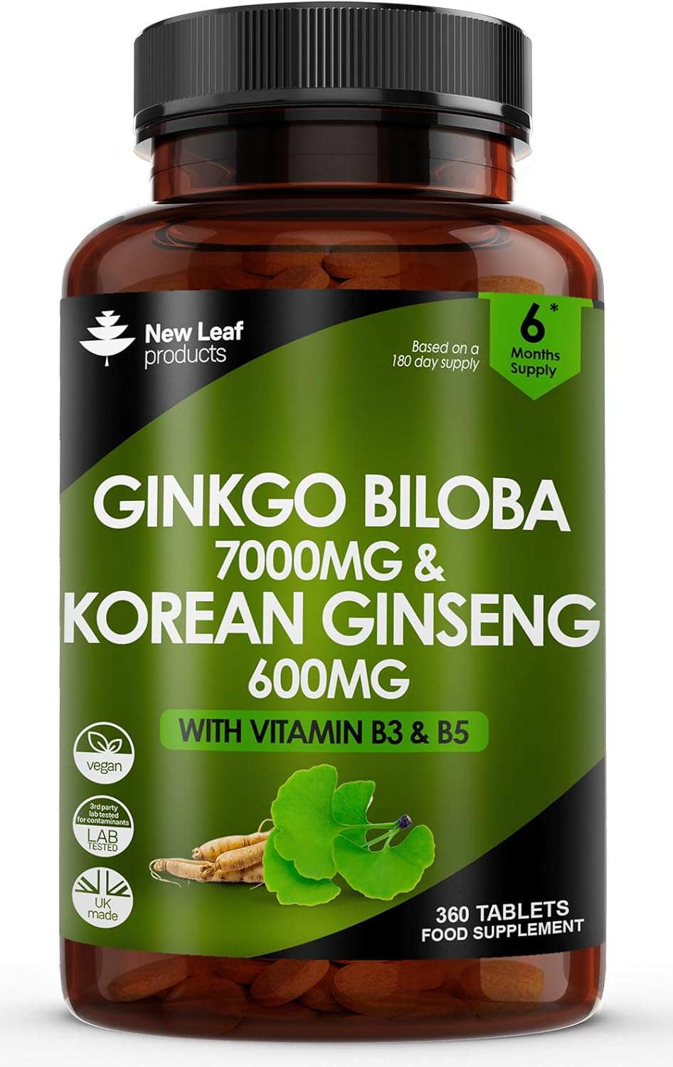 Ginkgo Biloba and Korean Ginseng Tablets - 7000mg Ginkgo Biloba Herbal Supplements & 600mg Panax Ginseng High Strength Ginseng Extract - Enriched with Vitamin B3 & B5-360 Vegan Tablets