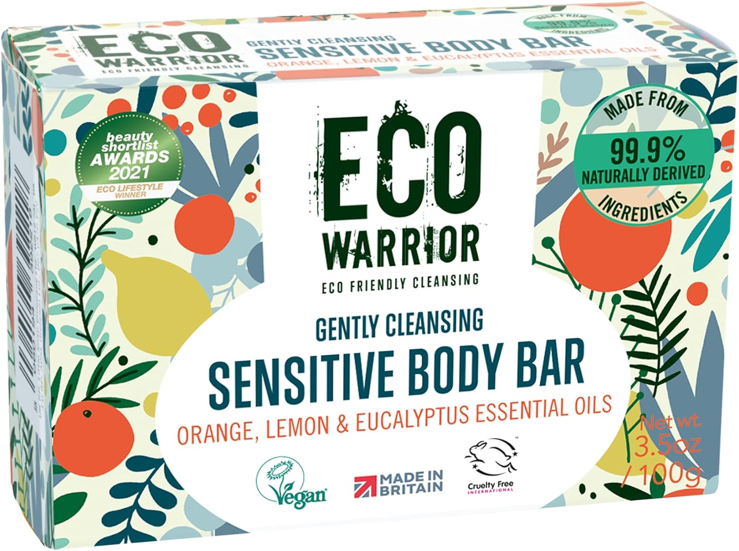 Eco Warrior Sensitive Body Soap Bar | Vegan, Cruelty Free, Natural, eco friendly | No SLS or Parbens | Gently Cleansing With Green Clay & Orange, Lemon, Eucalyptus Essential Oils | Body Bar Soap, 100g