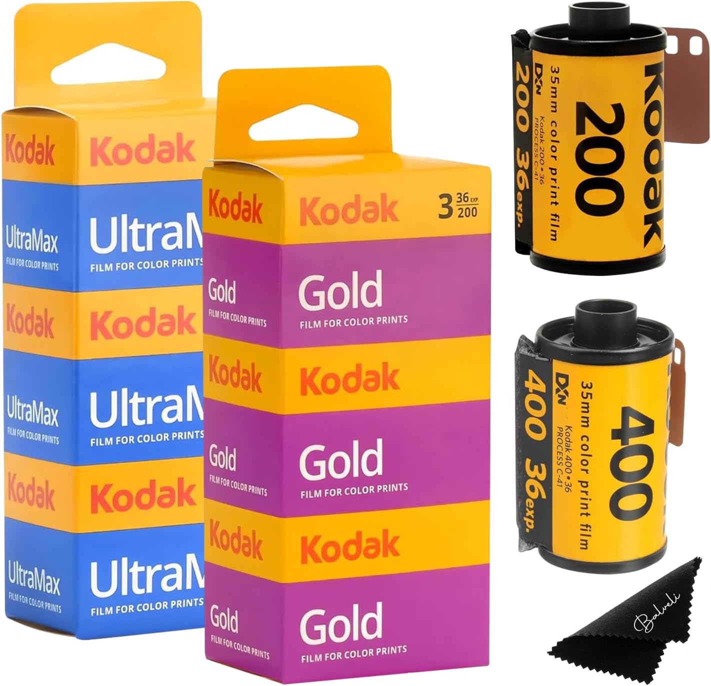 Kodak Ultramax 400 35mm Film 3 Pack & Kodak Gold 200 35mm Film 3 Pack Bundle (6 Total Rolls) 36exp for 35mm Film Camera 35mm - Kodak Film- Balveli Microfiber Cloth - 35 mm Film roll- Camera Film-