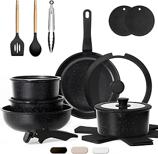 KIKCOIN 20 Pcs Pots and Pans Set Non Stick, Detachable Handle Cookware Sets Nonstick, Non Toxic Induction RV Kitchen Cooking Set with Removable Handles, Dishwasher/Oven Safe, Easy Clean (Black)