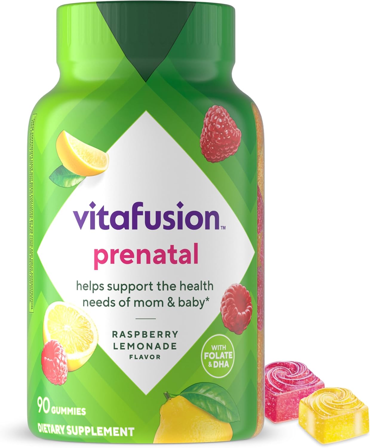 vitafusion PreNatal Gummy Vitamins, Raspberry Lemonade Flavor, Prenatal Vitamin Supplement for Women with Folate and DHA, 45 Day Supply, 90 Count