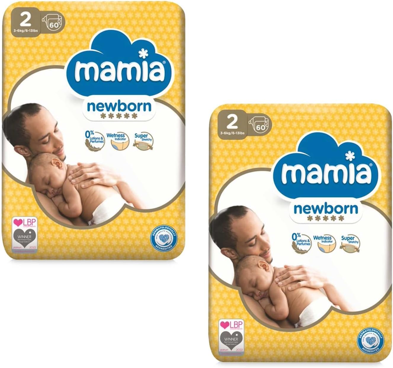 2X Mamia Size 2 Nappies Newborn 60 Pack