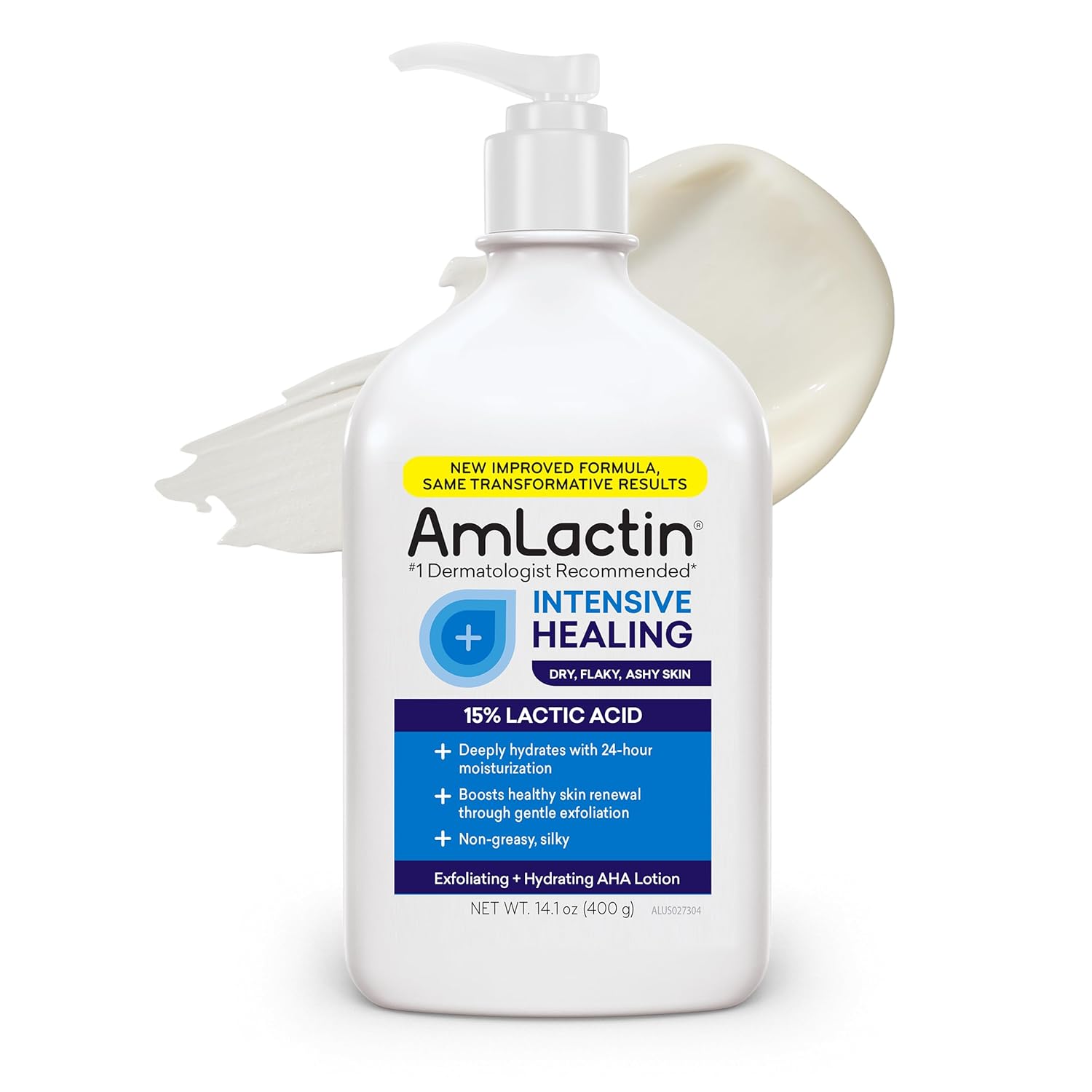 AmLactin Intensive Healing Body Lotion - Therapeutic Lotion for Extremely Dry Skin - No-Scrub Exfoliator and Moisturizer with 15% Lactic Acid AHA and Ceramides, 14.1 oz (Packaging May Vary)