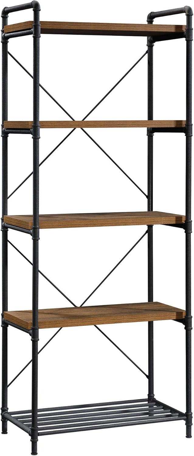 Sauder Iron City Tall Bookcase/Book Shelf, Checked Oak Finish