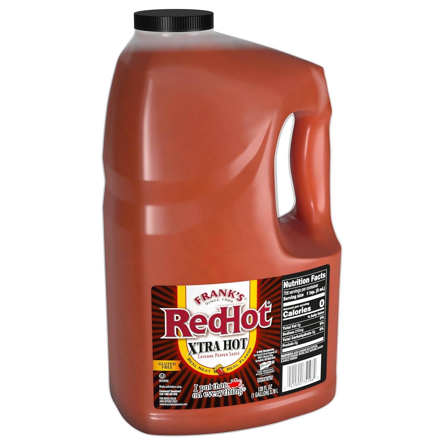 Frank's RedHot Xtra Hot Cayenne Pepper Hot Sauce, 1 gal - One Gallon of Extra Hot Cayenne Pepper Hot Sauce with 3x the Heat, Best for Wings, Pizza, Sides, Snacks, Bar Bites and More