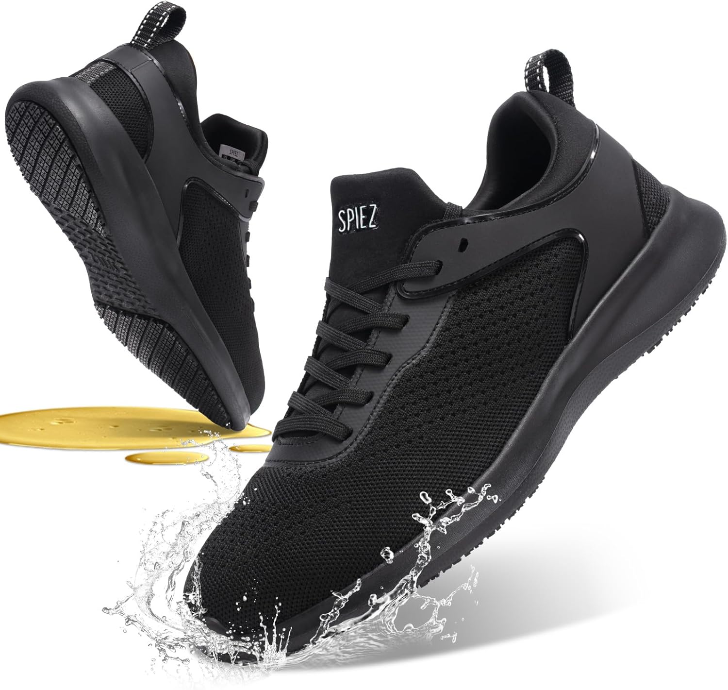 SPIEZ Non Slip Work Shoes Men, SRC Slip-Resistant Certified Waterproof Food Service Shoes, Slip-On Breathable Lightweight Fashion Sneakers for Kitchen Restaurant Black US 7.5-12