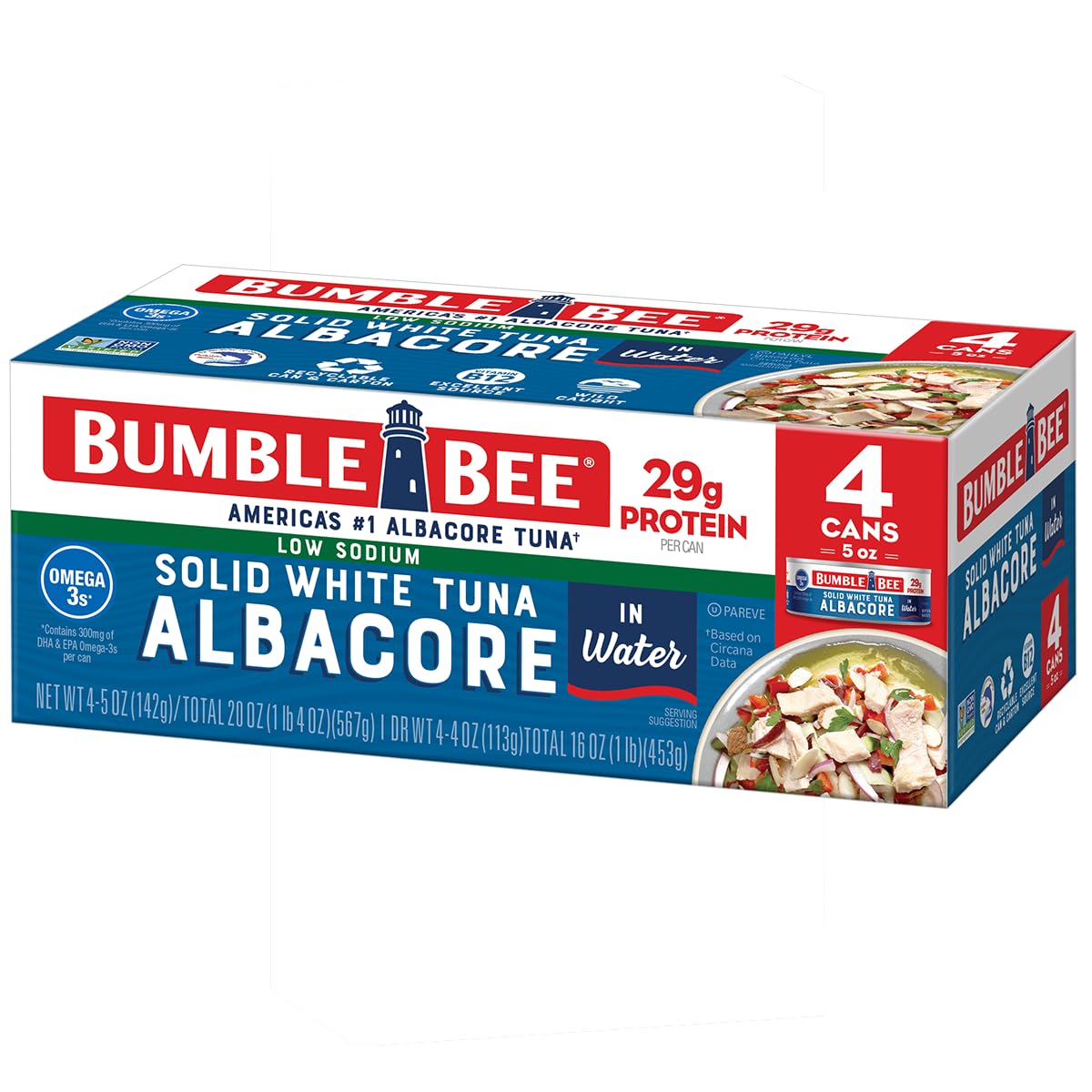Bumble Bee Low Sodium Solid White Albacore Tuna in Water, 5 oz Can (Pack of 4) - Wild Caught Tuna - 29g Protein per Serving, High in Omega-3s - Non-GMO Project Verified, Gluten Free, Kosher