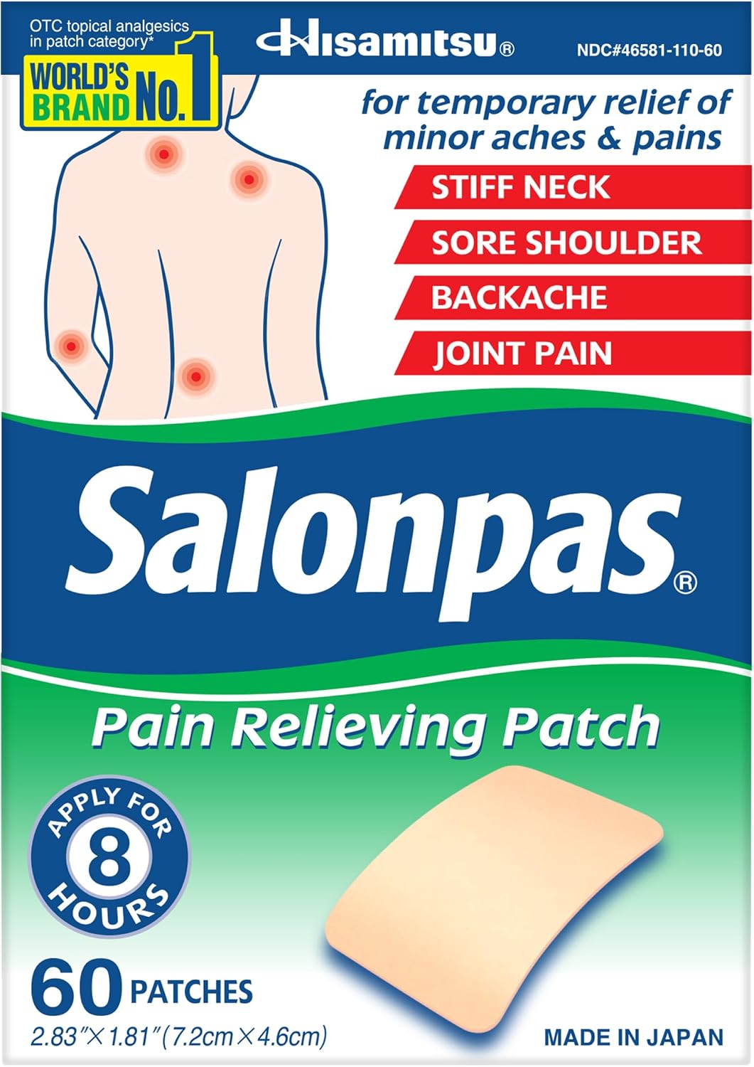 Salonpas Pain Relieving Patch for Back, Neck, Shoulder, Knee Pain and Muscle Soreness - 8 Hour Pain Relief - 60 Count | Apply For Up to 8 Hours, For Temporary Relief of Minor Aches & Pains, Stiff Neck, Sore Shoulder, Backache, Joint Pain