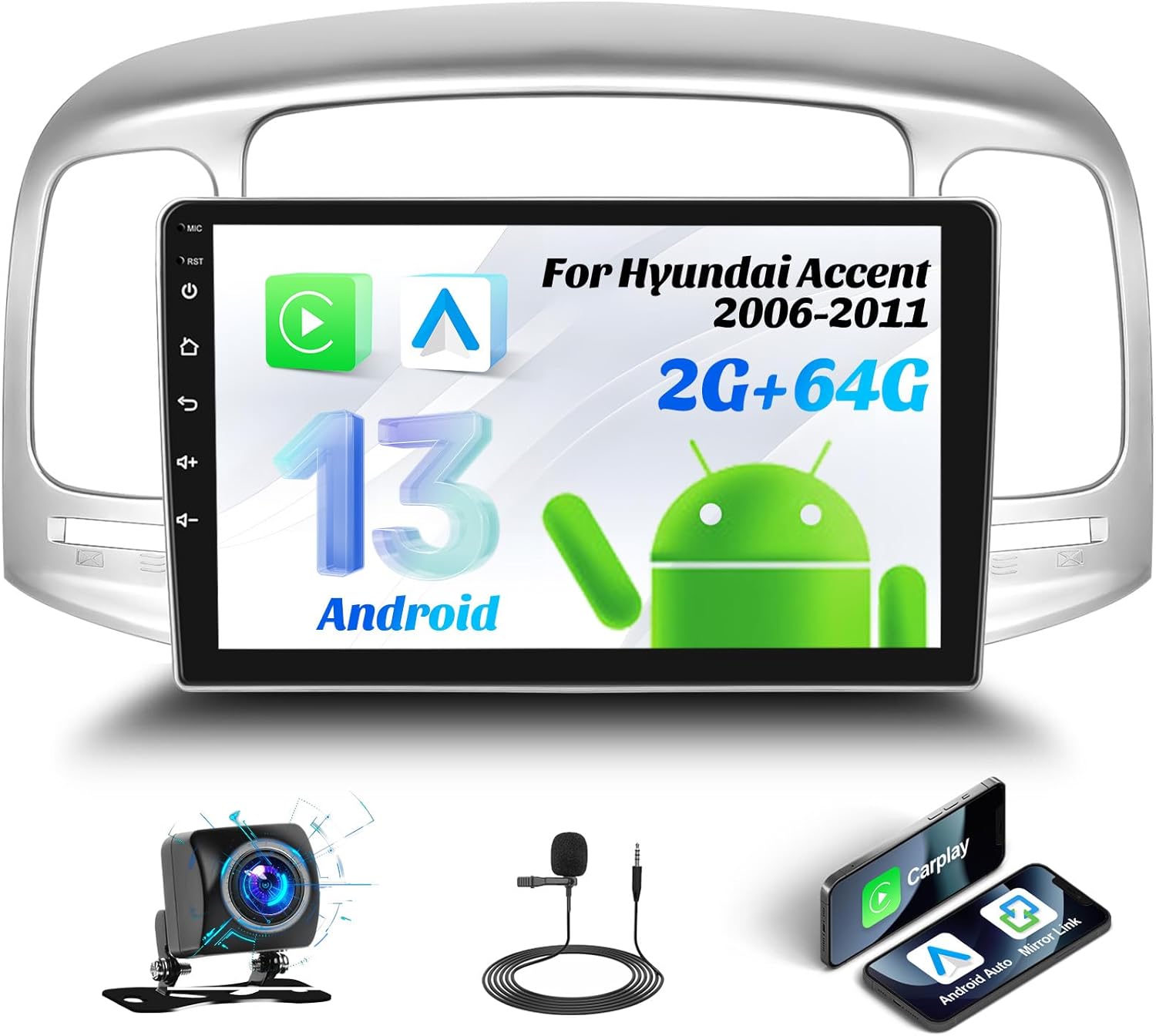 2G+64G Car Radio for Hyundai Accent 2006-2011 with Wireless Carplay Android Auto,9 inch Touchscreen Android 13 Car Stereo Radio with Mirror Link WiFi/GPS Bluetooth FM RDS EQ SWC AHD Backup Camrea