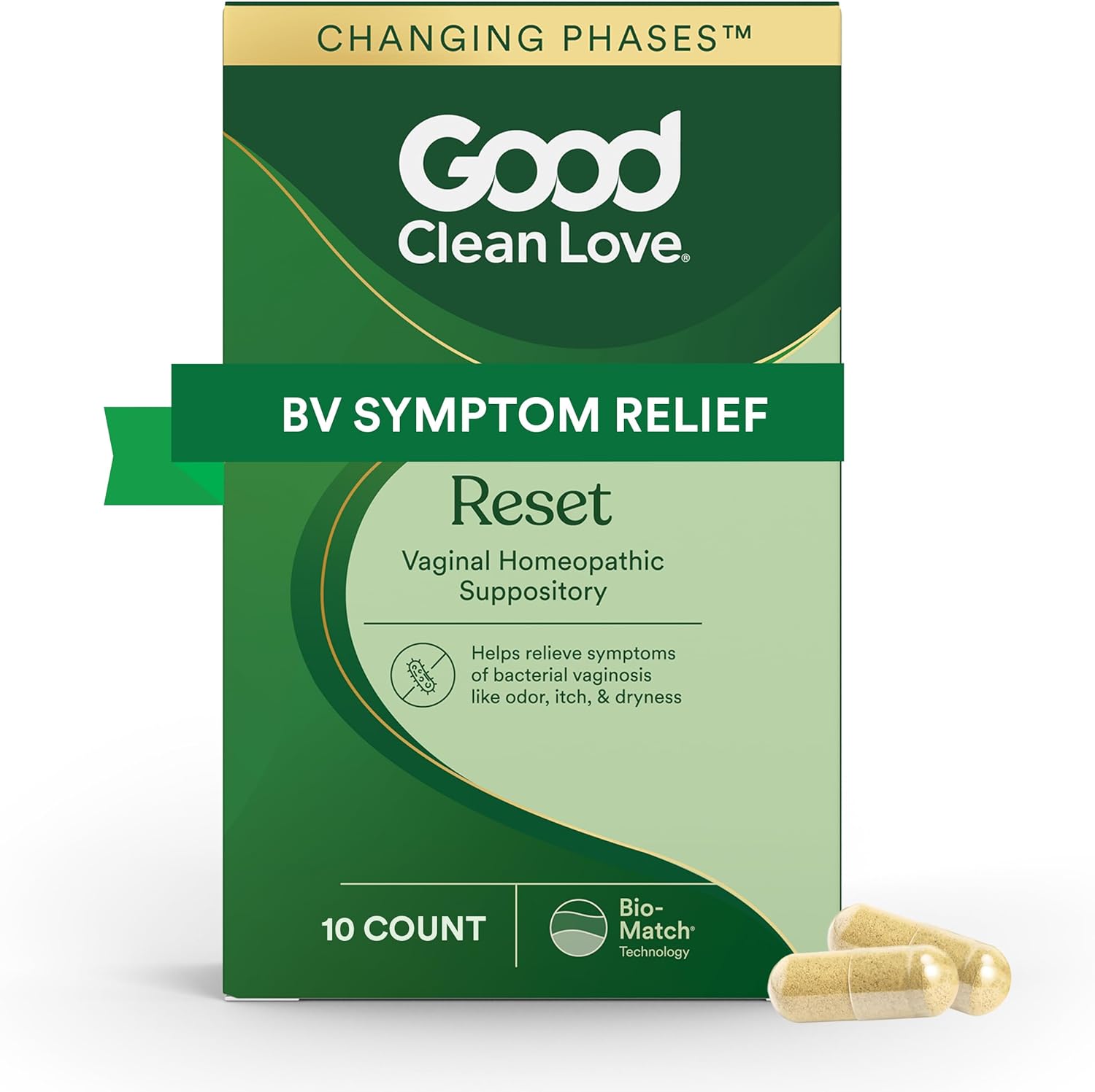 Good Clean Love Reset Homeopathic Vaginal Suppository, Bacterial Vaginosis Treatment for Women, Relieves Itching & Irritation, Feminine Care, Promotes Urinary Tract & Vaginal Health, 10 Capsules