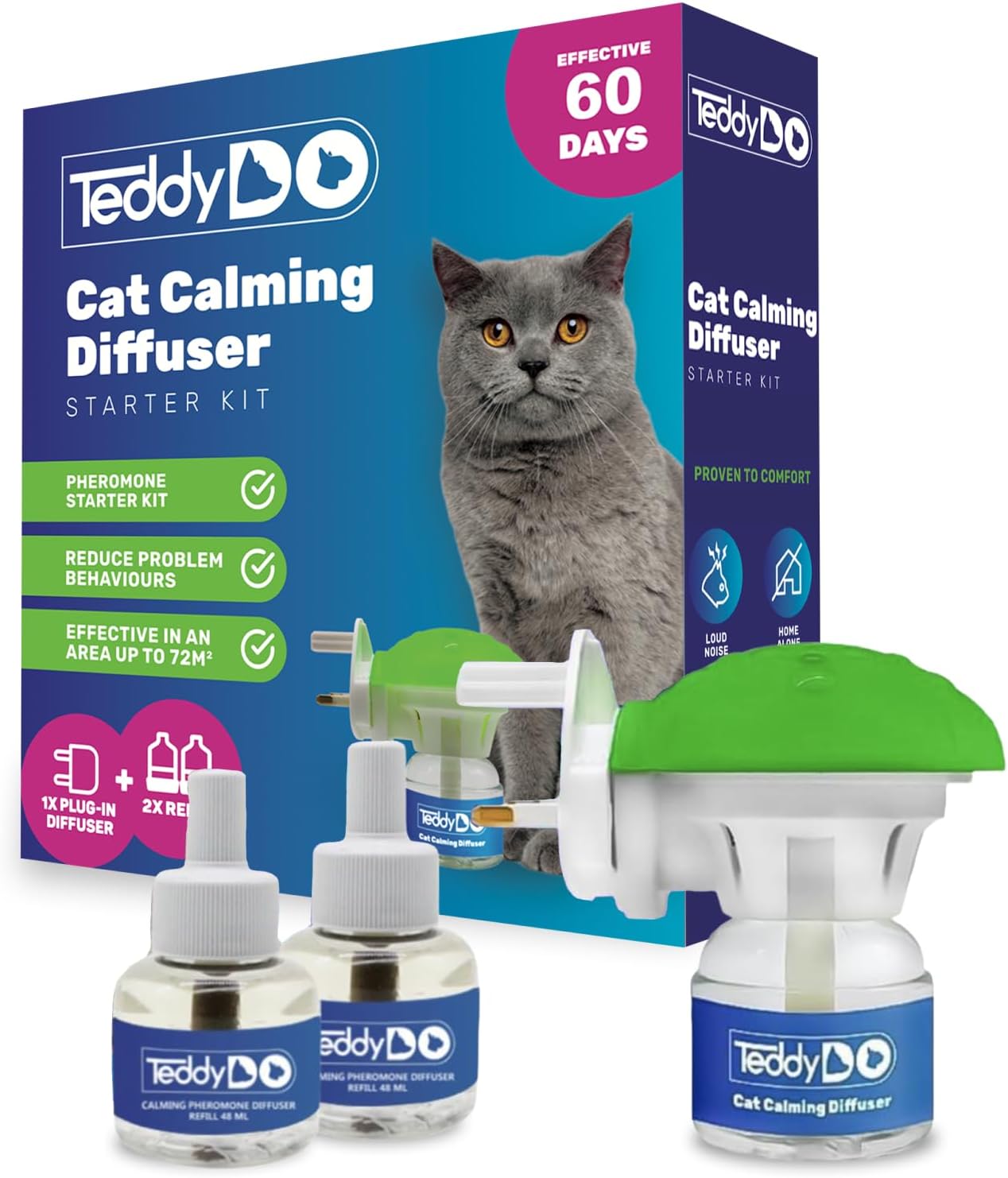 Cat Calming Diffuser Plug-In (UK Type G) | TeddyDo Pheromone Diffuser for Cats | 2x48ml Refills | 60-Day Starter Kit | Helps Reduce Scratching, Spraying & Anxiety | Safe Stress Relief