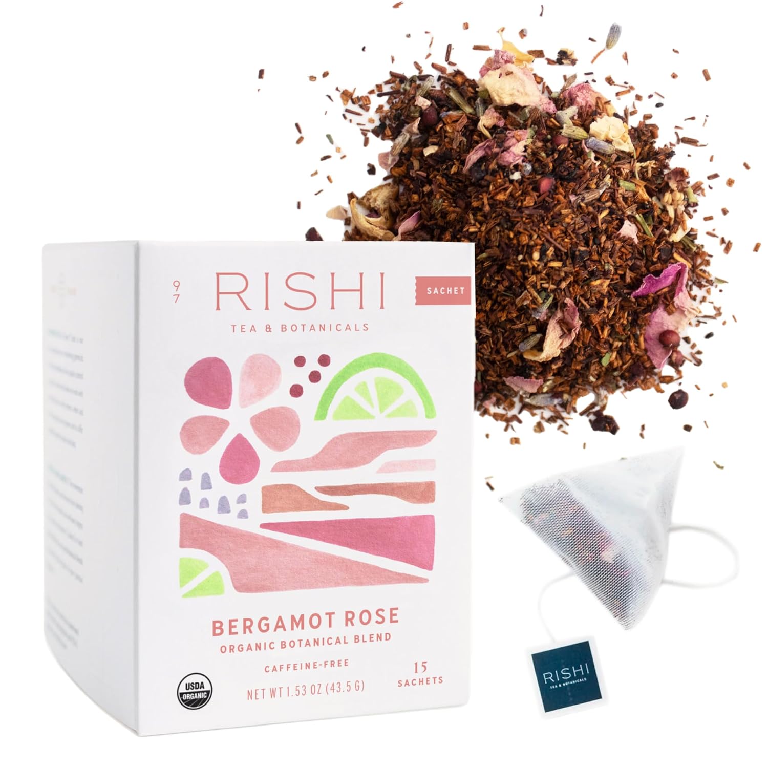 Rishi Tea Bergamot Rose Herbal Tea - Organic, Caffeine Free Sachet Bags, Floral and Citrus Botanical Blend - 15 Count (Pack of 1)