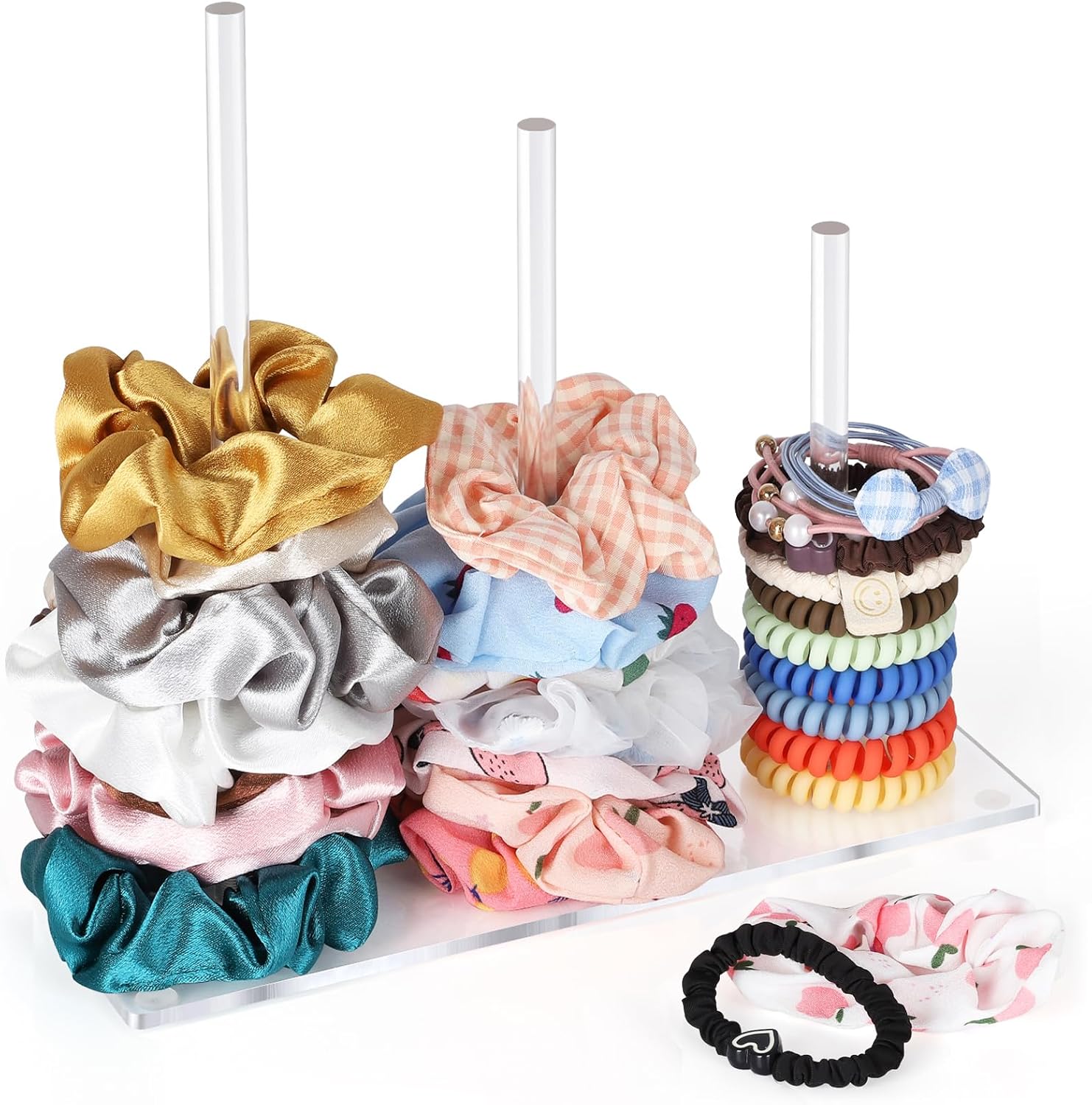 3-Tiers Scrunchie Holder Stand, Acrylic Hair Ties Organizer, Clear HairBands Tower, HairElastics Storage, Hairs Accessories Organizer, Scrunchie Display for Women and Girls
