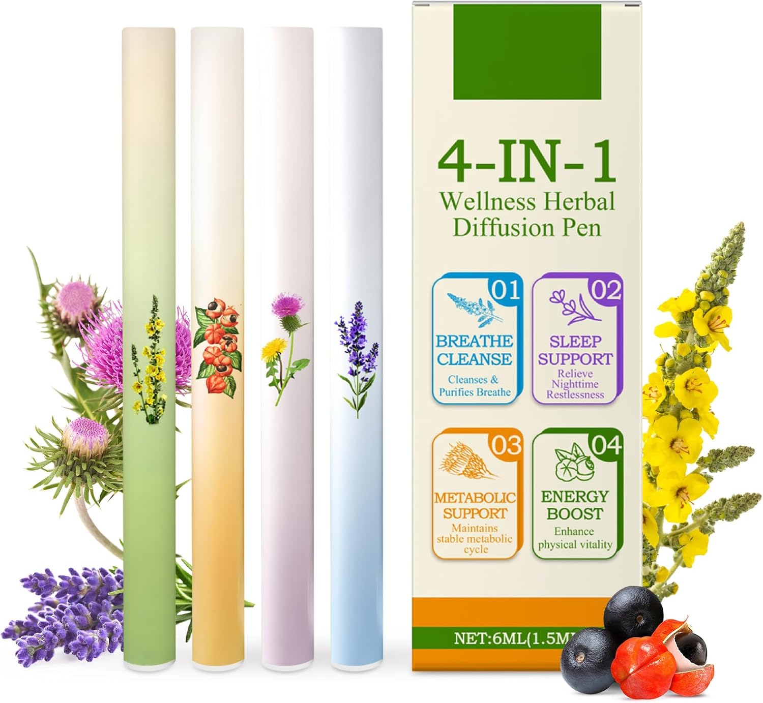 4-in-1 Herbal Diffuser Pen by Pure Botanicals | 100% Natural Mullein Diffuser Pen for All-Day Energy, Focus & Evening Sleep Support | Crisp Cooling Aroma, Portable Long-Lasting 600 Uses (4PCS)