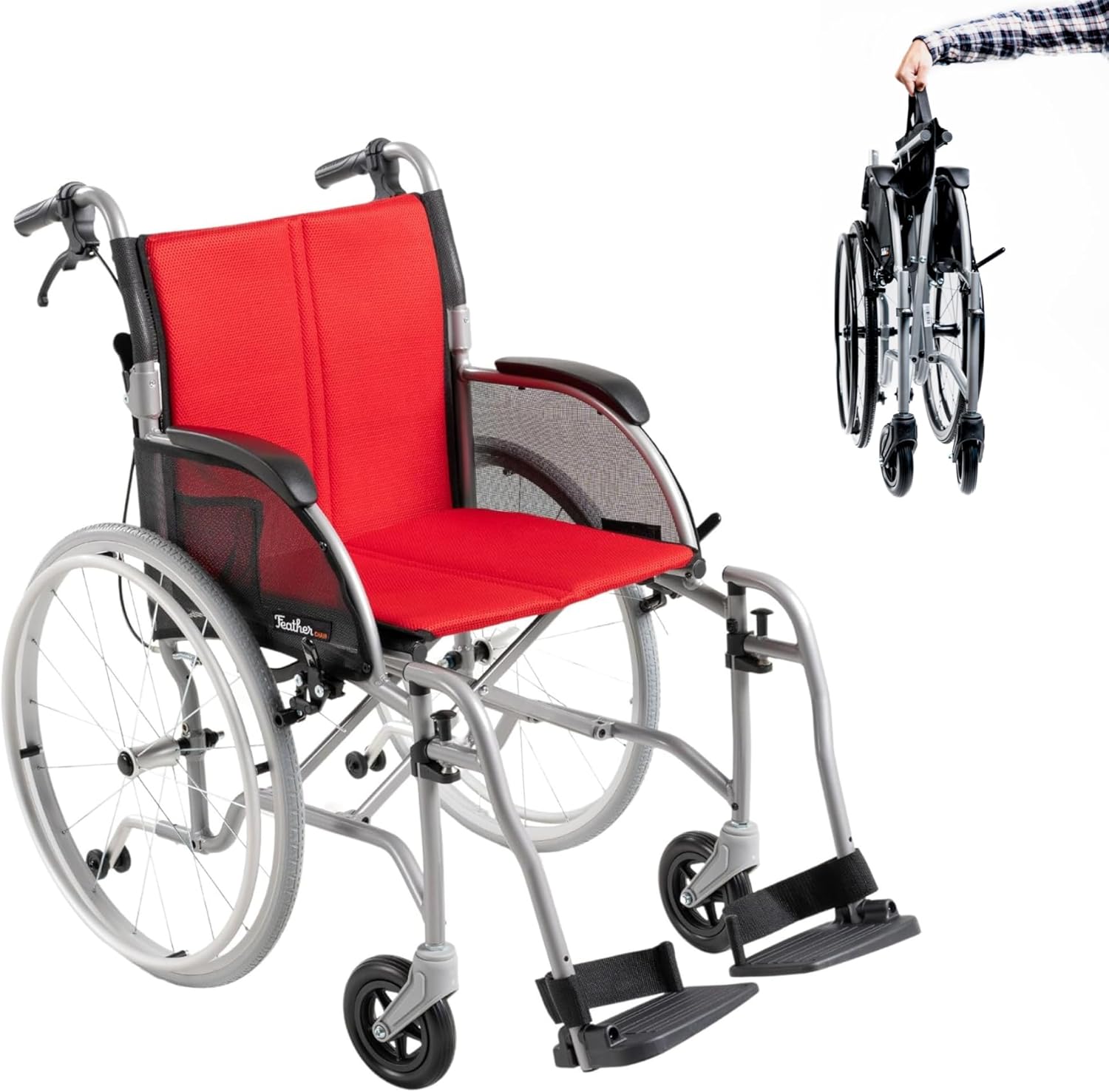 FeatherMobility - Red Lightweight Folding Wheelchair - 13.5 lbs, 18" Seat Width - with Swingaway Legrests, Anti-tippers, and Quick Release Wheels - 250 lbs Capacity
