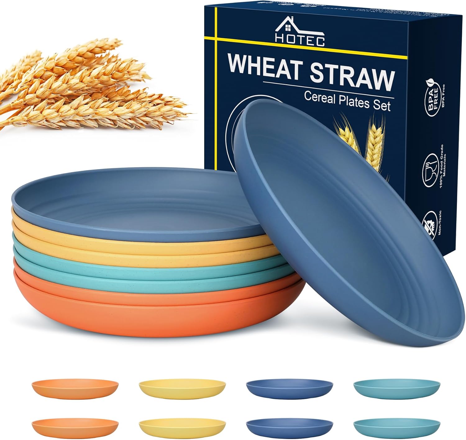 HOTEC 9inch Unbreakable Deep Dinner Plates, Set of 8 Wheat Straw Plastic Plates Dishwasher Safe Kitchen Plates Dinnerware
