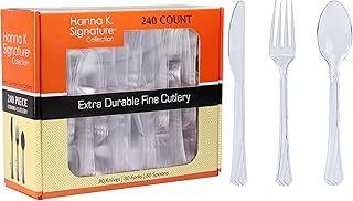 Hanna K. Signature 240 Count Plastic Silverware Heavyweight Clear Combo, Disposable Flatware Crystal Clear Elegant Cutlery