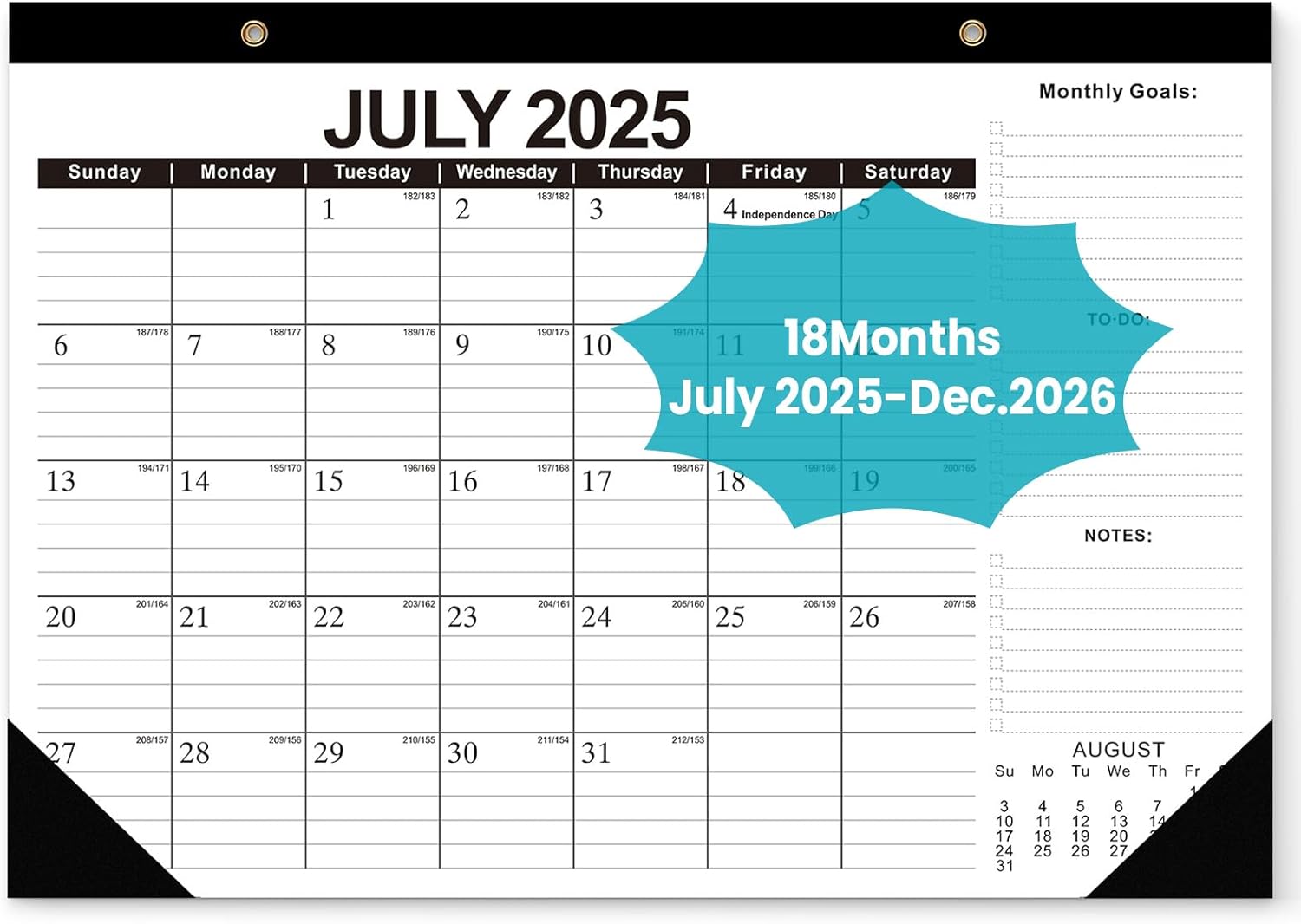 Comix 2025-2026 Black & White Desk Calendar - 18 Month Desk Calendar (July 2025–Dec 2026) | 17"x12" Thick Paper with Classic Design for Office & Home