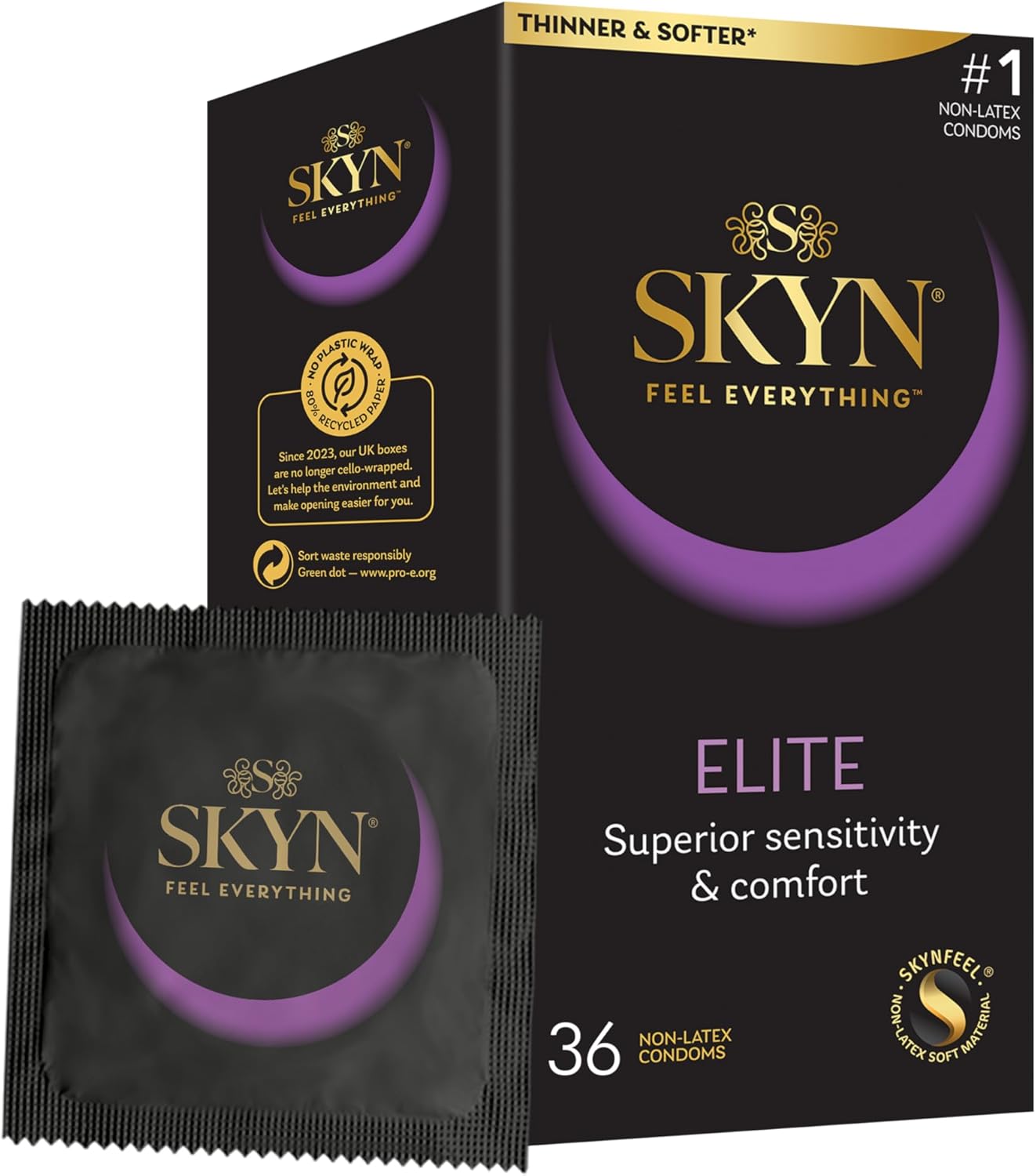 SKYN Elite Condoms Pack of 36 / Skynfeel Latex Free Condoms for Men, Regular Size Condoms, Ultra-Thin & Soft Condoms, Smooth Straight Shape, 53mm Wide