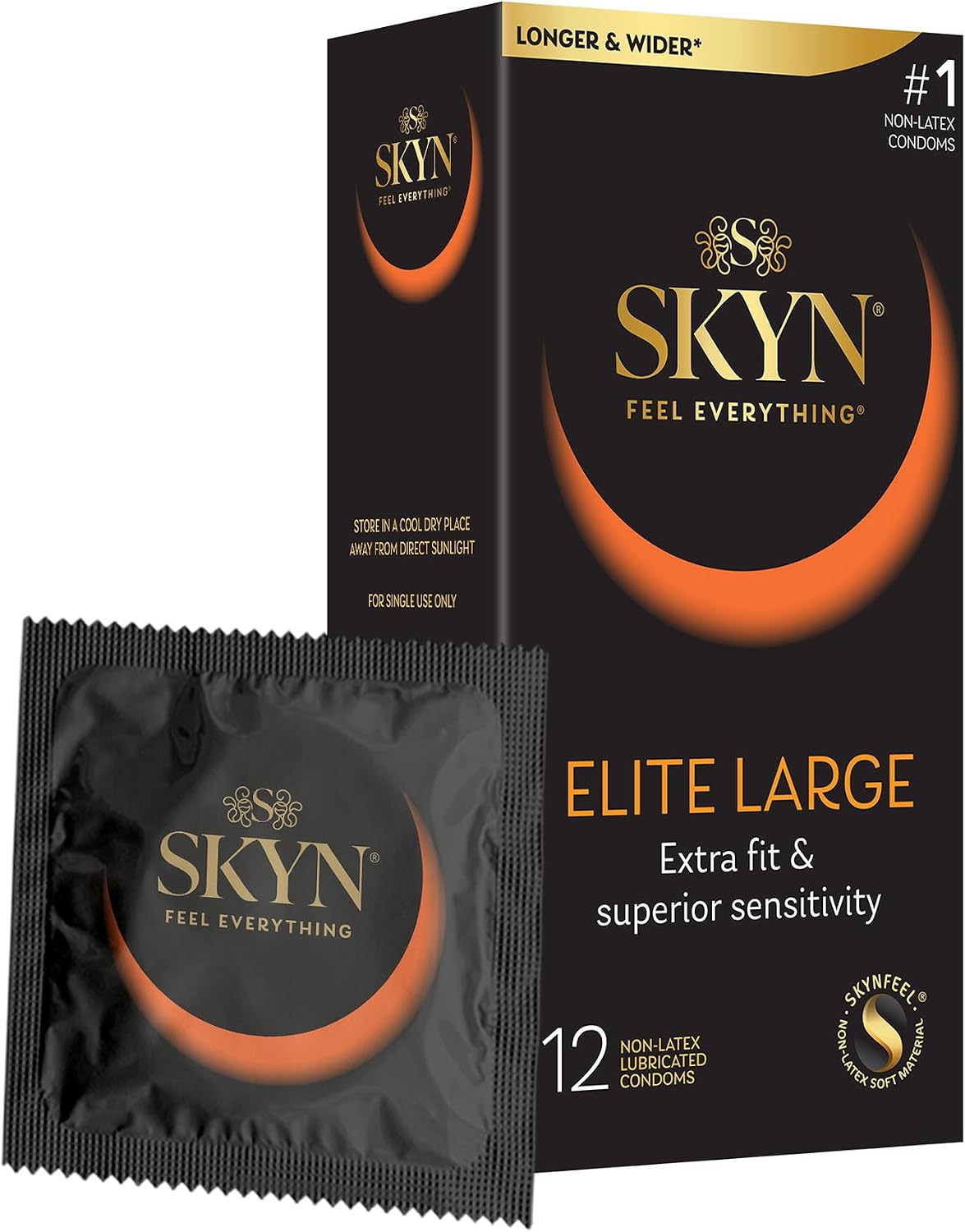 SKYN Elite Large Non-Latex Lubricated Condoms, 12 Count, Comfortable and Smooth Lubricated Condoms, Triple Tested (Pack of 1)
