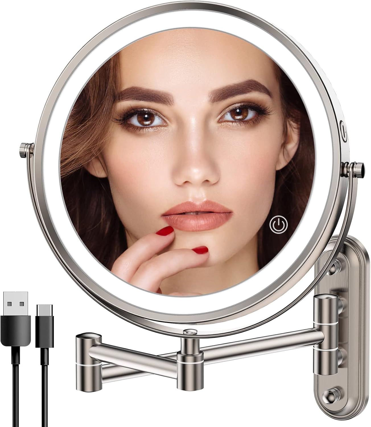 Two-Fingers-Width Narrow Base Rechargeable Wall Mounted Lighted Makeup Mirror,3 Color Lights Dimmable Touch Screen,8 Inch LED Double Sided 1X/10X Magnifying Mirror 13 Inch Retractable