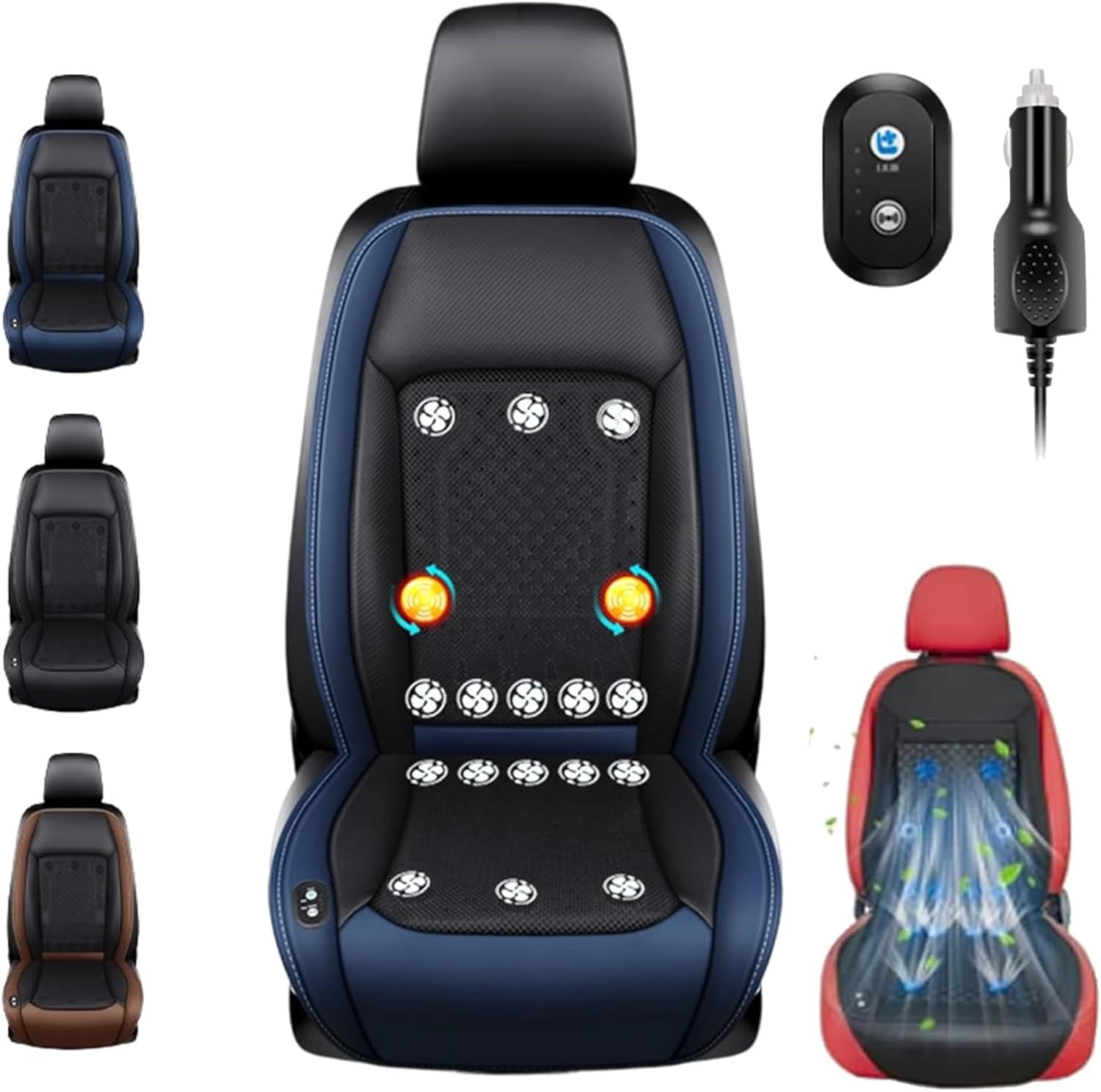 YIHANGG ICY-seat–Car Cooling Cushion, The Icyseat for Cars, Ventilated Car Cooling Seat Cushion with Fan, Automatic Start-Stop, 3-Speed Temperature(12V - Cigarette Lighter Socket + USB,Blue(16 Fans))
